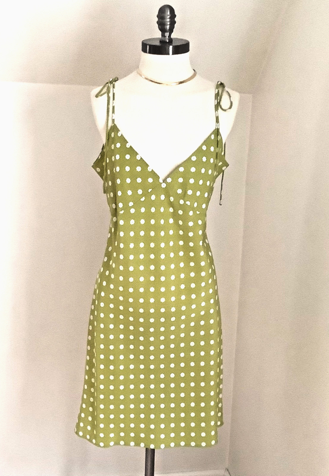 Levi’s Vintage Pea Green Sweet Daisy Floral Flower Slip Dress L Tie Shoulder Y2K