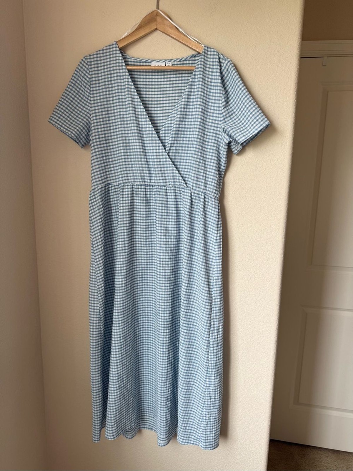 Vila Gingham Checked V-Neck Short Sleeve Midi Dress Size M