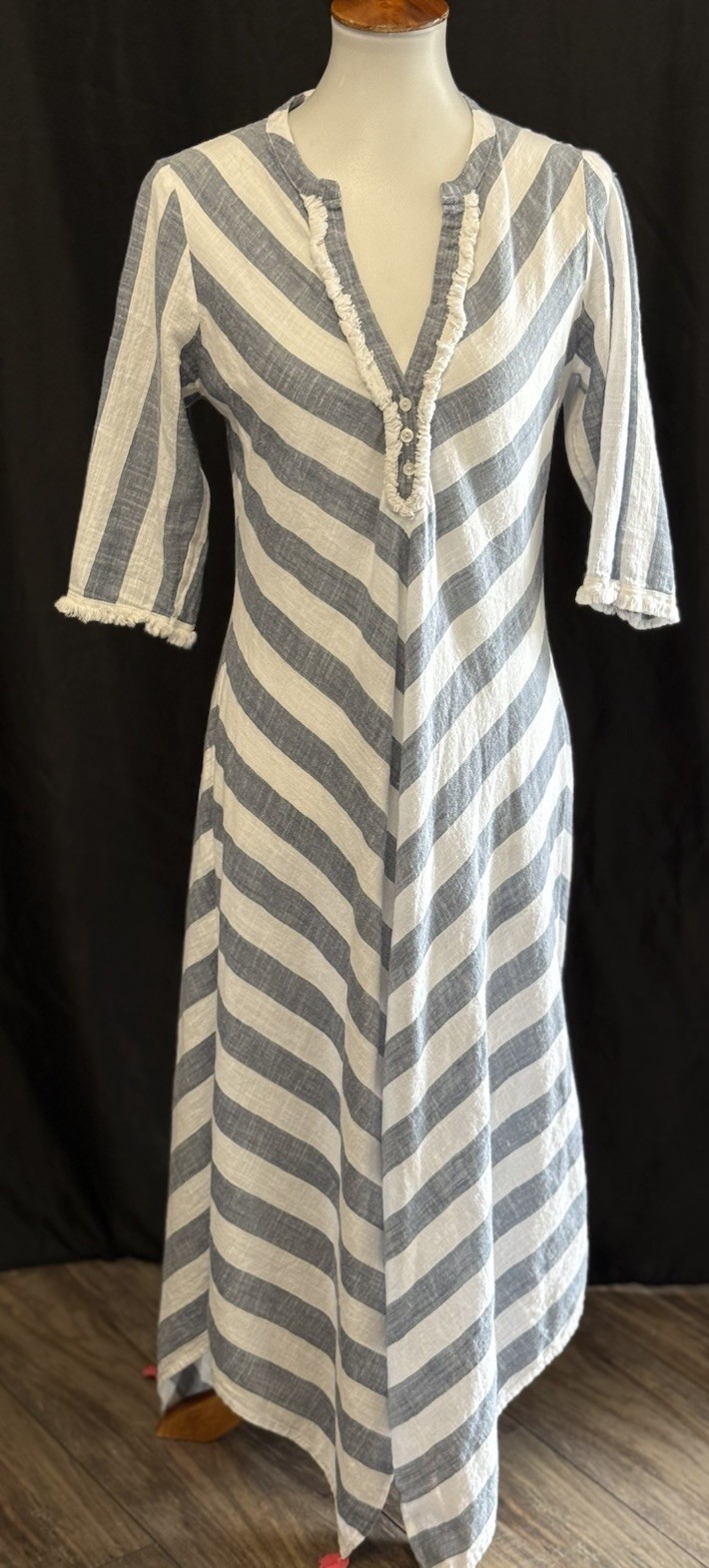 Roller Rabbit Berenice Caftan Midi Dress Striped Tassel Hem Bohemian Blue XS