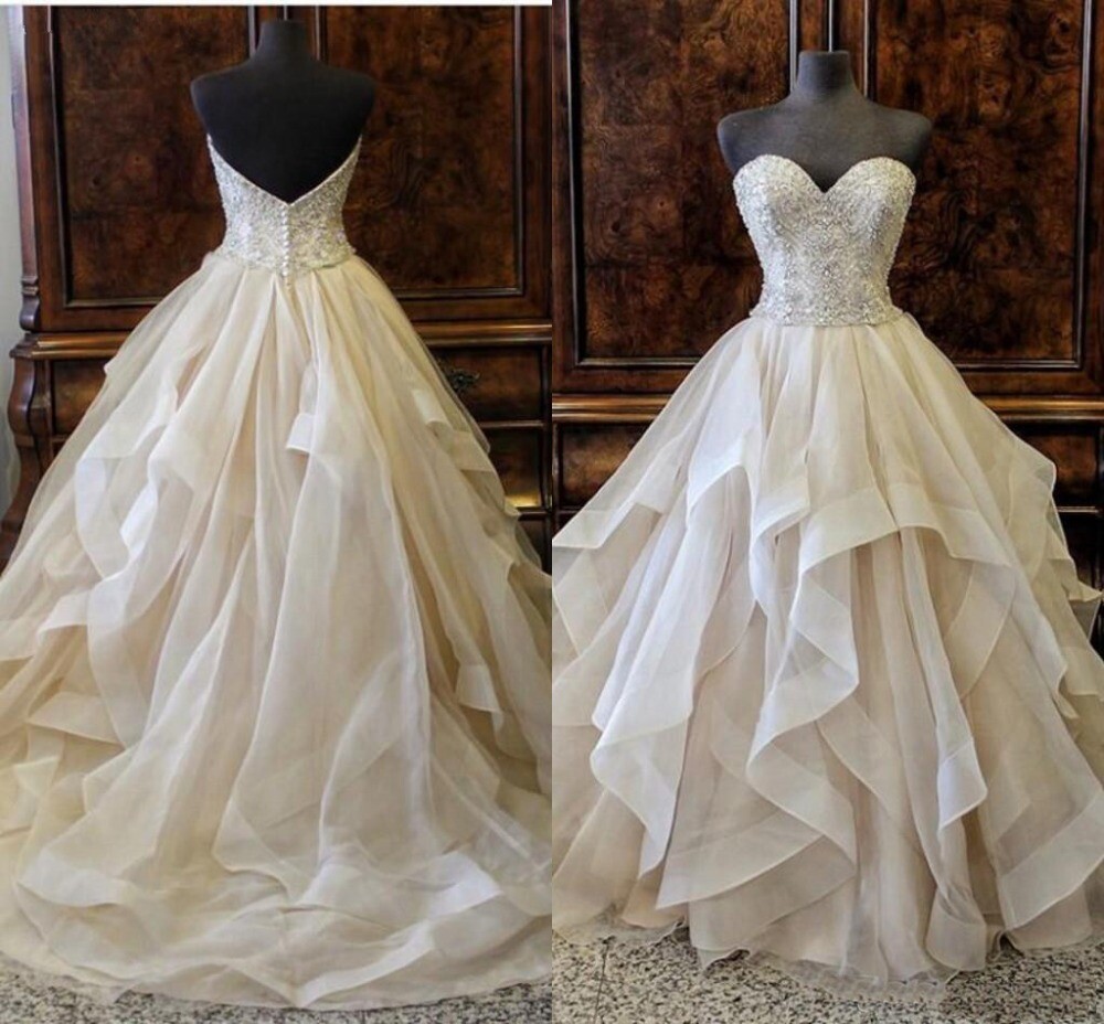 Organza Wedding Dresses Beaded Strapless Ruffles Sweep Train A Line Bridal Gowns