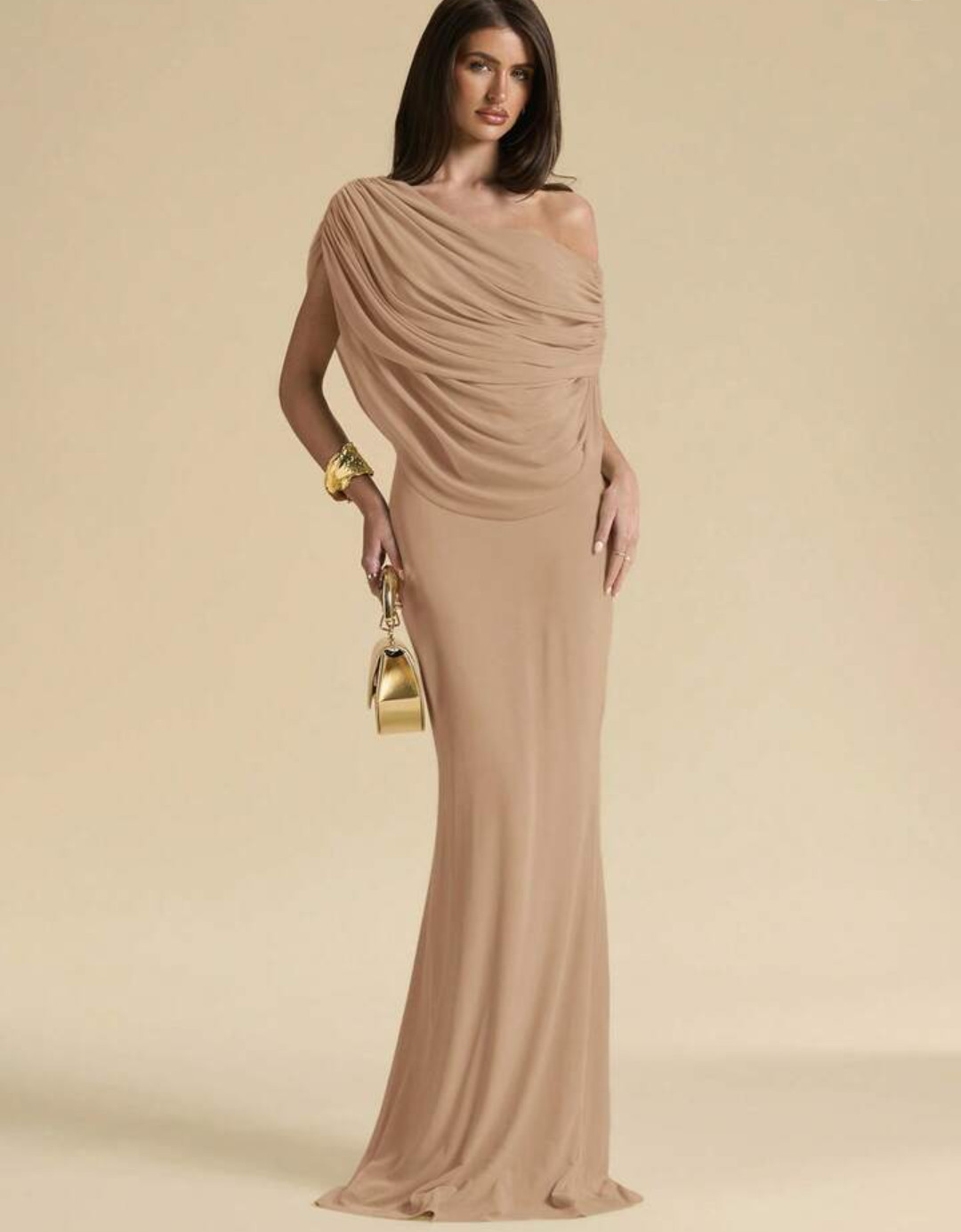SHENYLEZ Cowl Neck Khaki Maxi Dress Stretchable