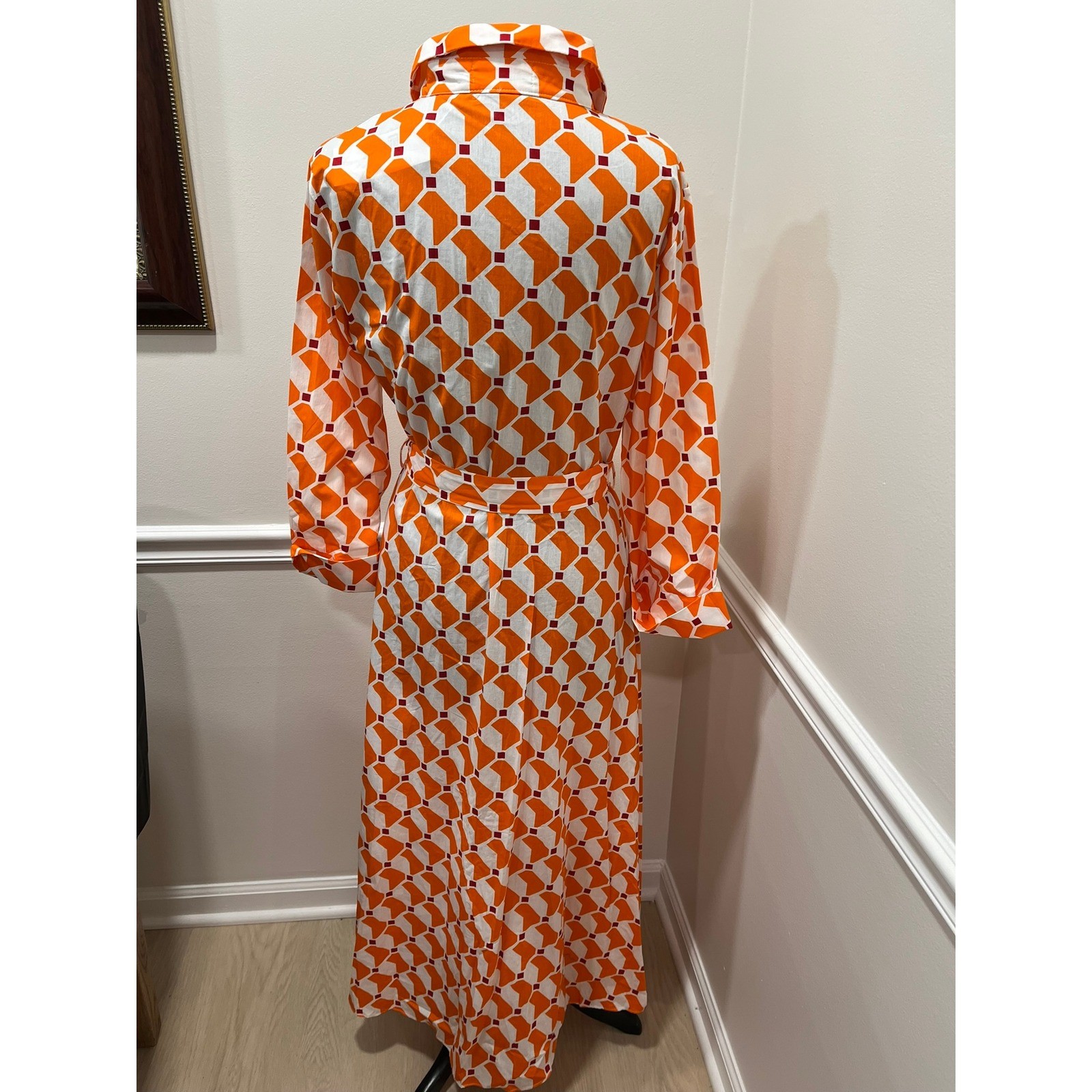 Muestrarios Espana Orange Geometric Maxi Shirt Dress Long Sleeve Size M NEW