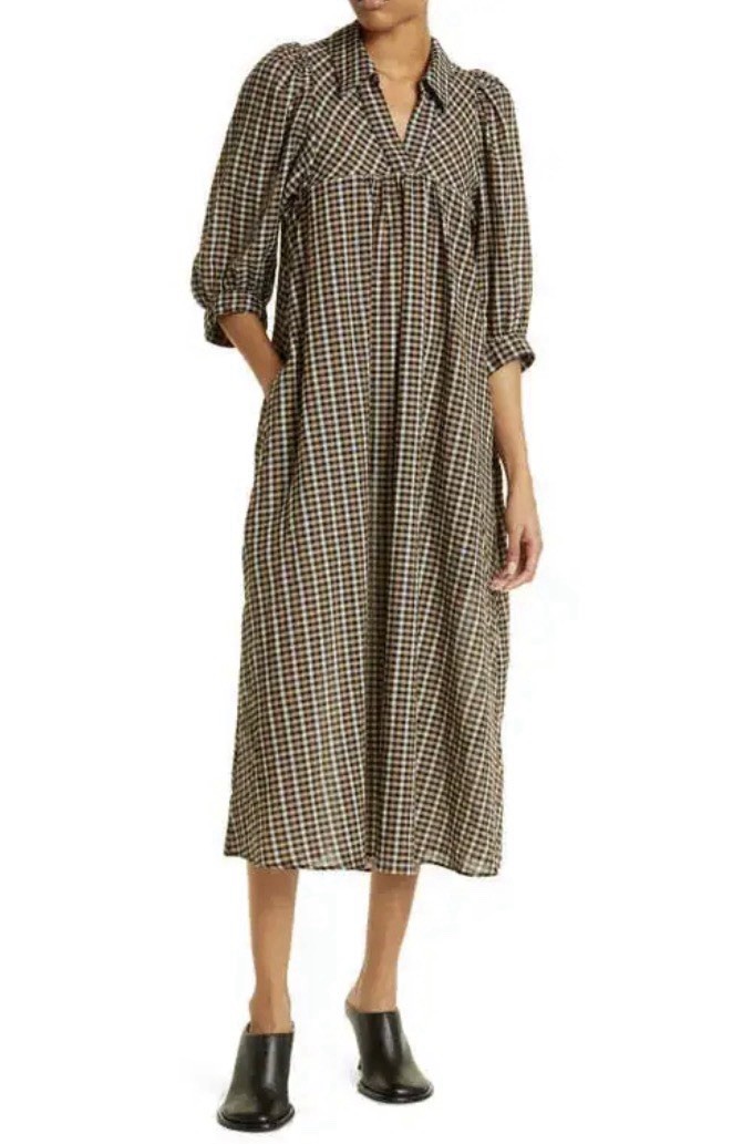 Samsoe Samsoe Opal Plaid Midi Dress Womens S Brown Gingham Cotton Collared