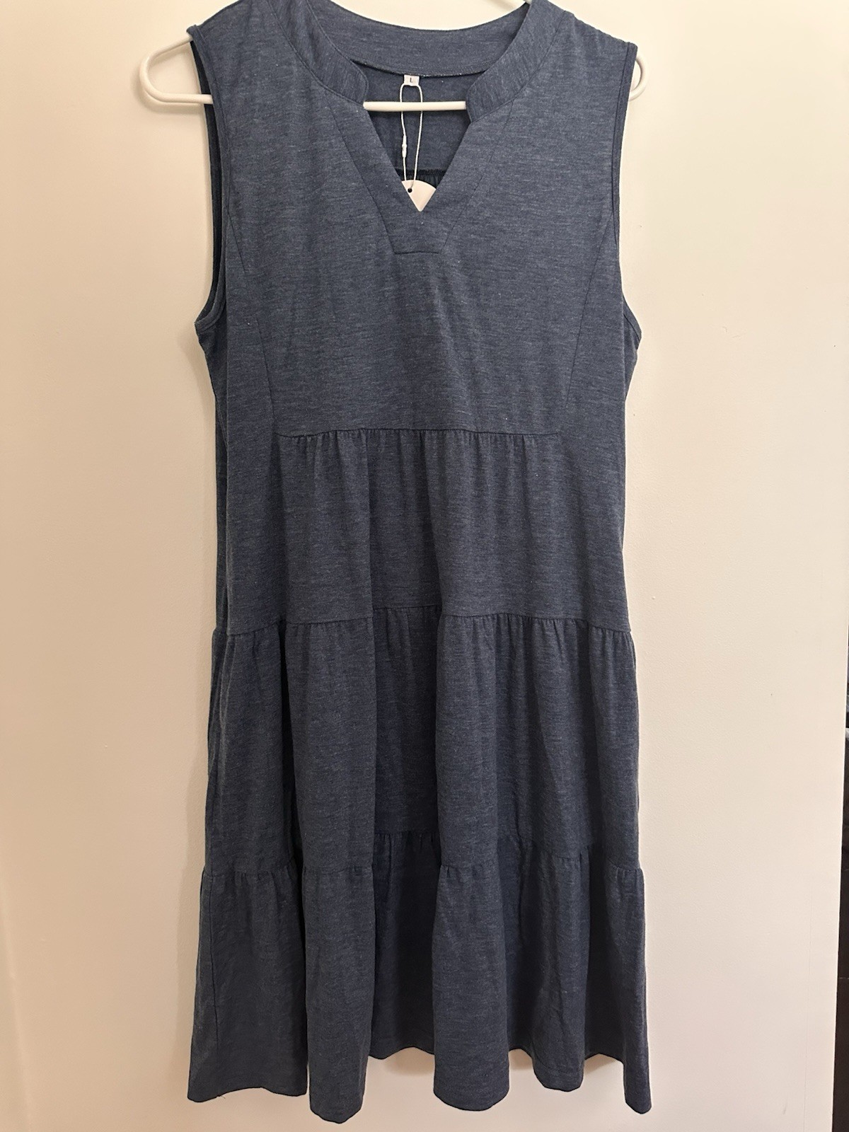 Anrabess Women’s Blue Rayon Jersey A-Line Dress V-Neck Sleeveless Knee L
