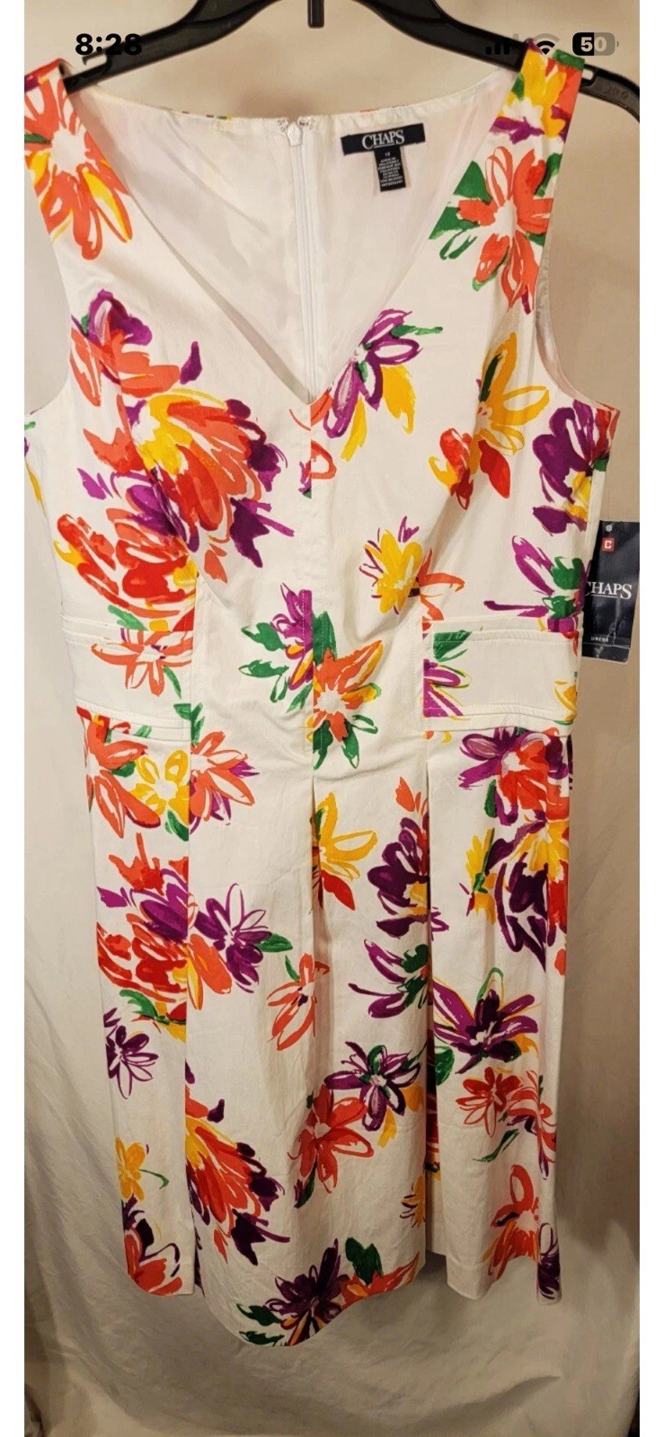 CHAPS White Floral Mini Fit & Flare Dress Women Size 10 V-Neck Sleeveless Zip Up