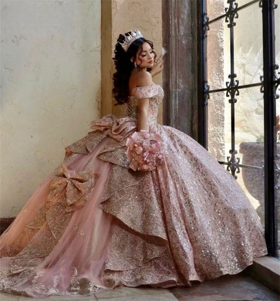 Champagne Rose Gold Quinceanera Dresses Sparkly Lace Ball Gown Bow Back Sweet 16