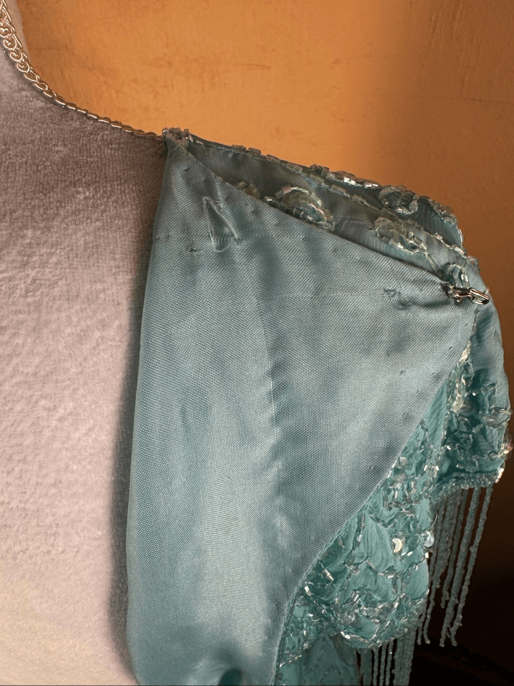 Vintage 1980s Aqua Blue Silk Beaded & Sequin Cocktail Dress Bead Fringe Sleeves