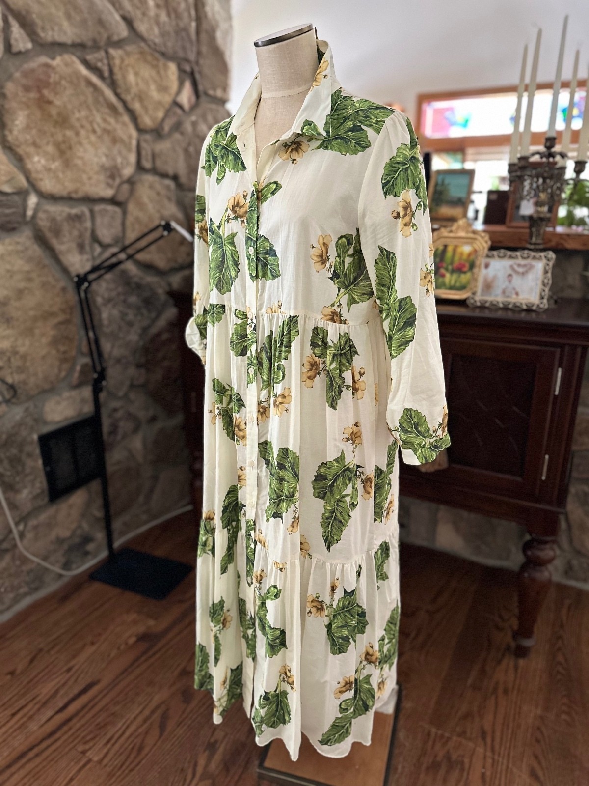 Zara Floral Cotton Button-Up Maxi Dress Size L