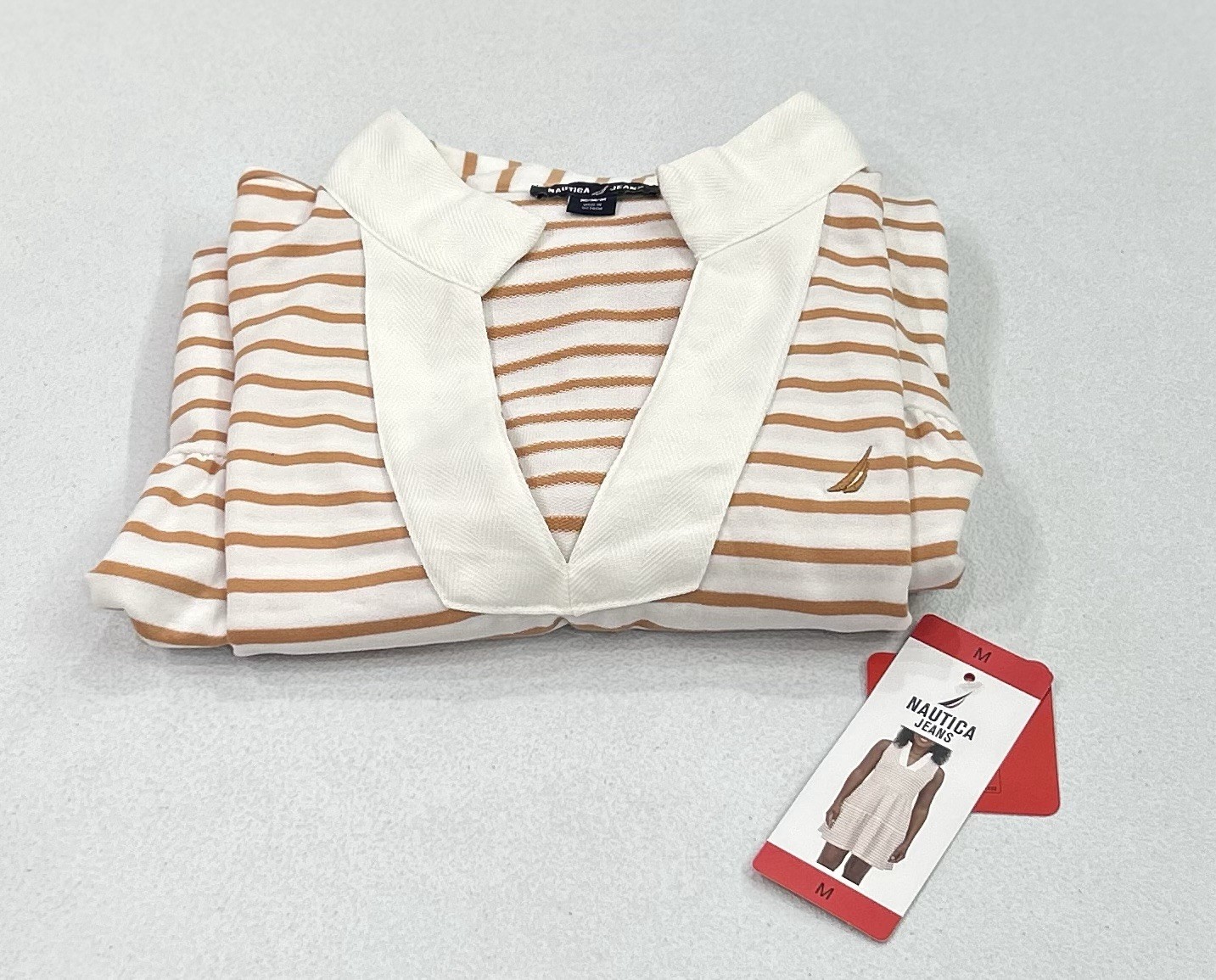 Nautica Jeans Women’s Tiered Collar Sleeveless Mini Dress, Almond/Ivory, Size M