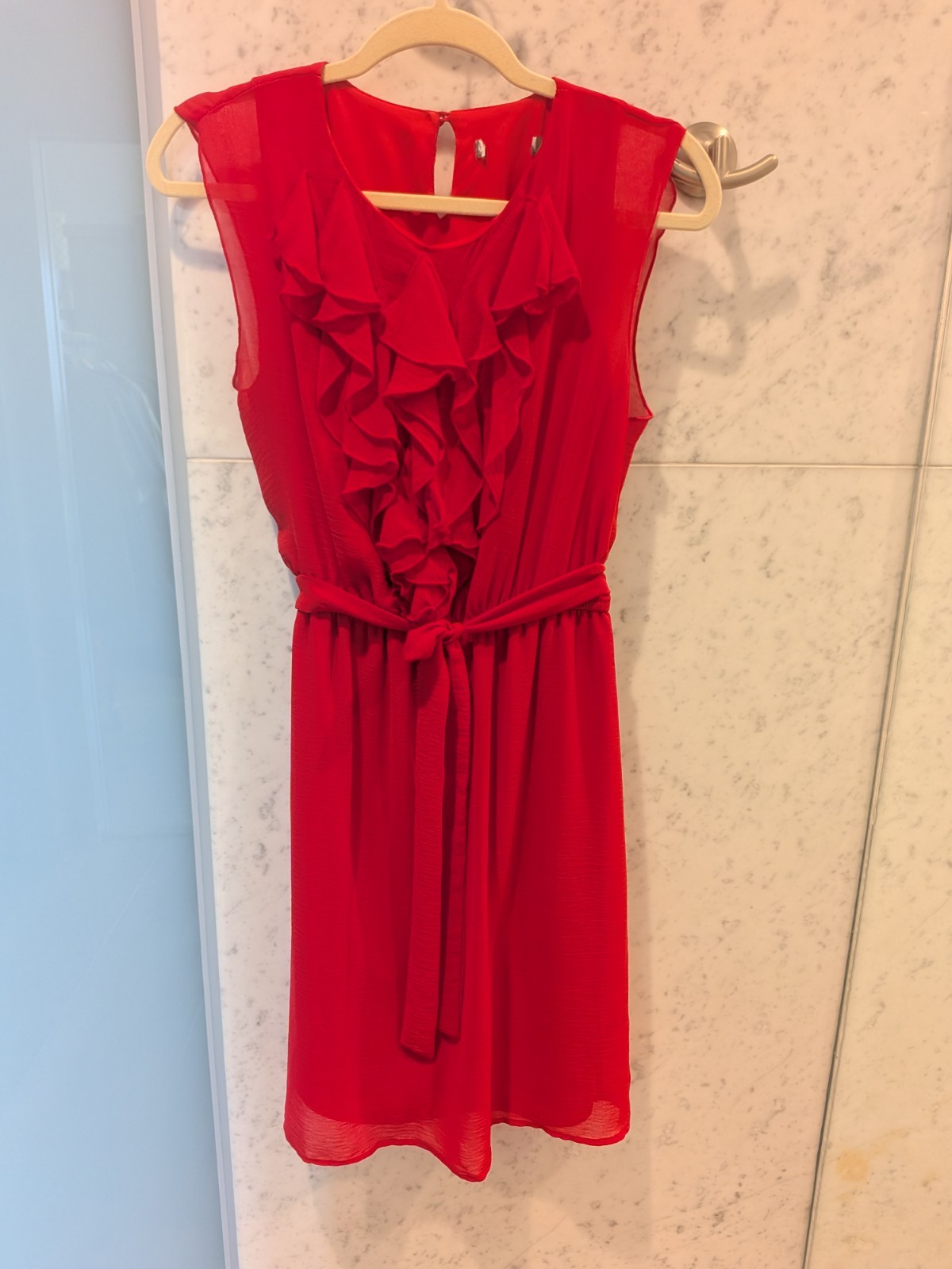 Ladies Red Ruffle Elastic Waist Dress. Medium