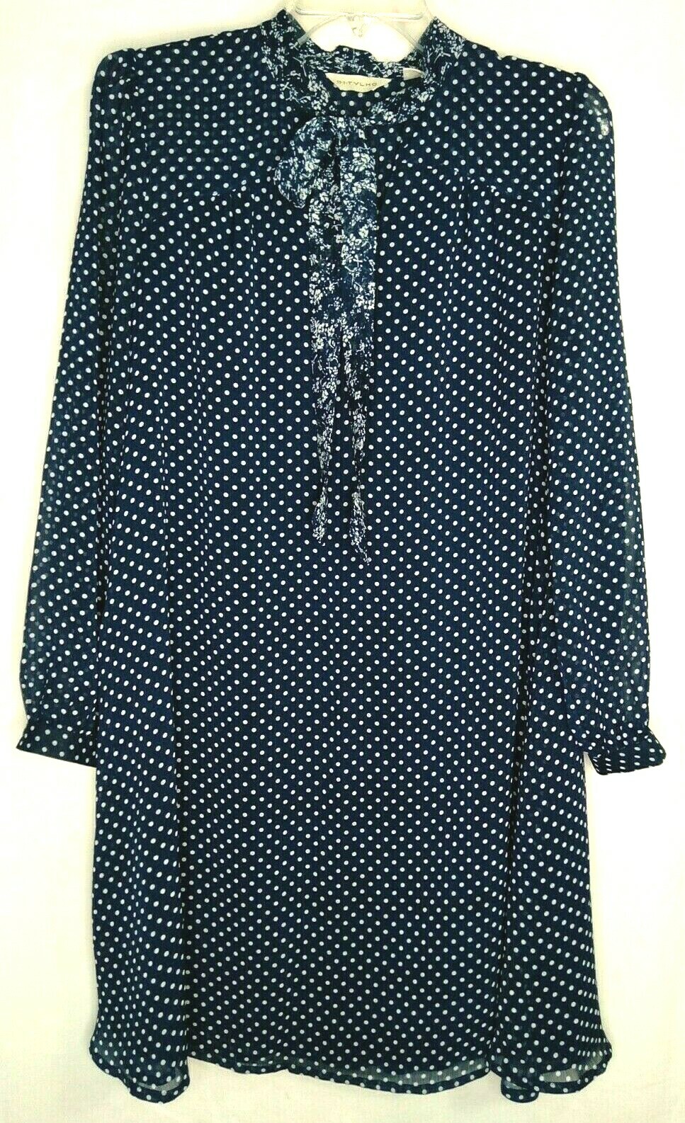 11-1 TYLHO Blue Polka Dot Keyhole Tie Neck Sheer Long Sleeve Dress Small EUC