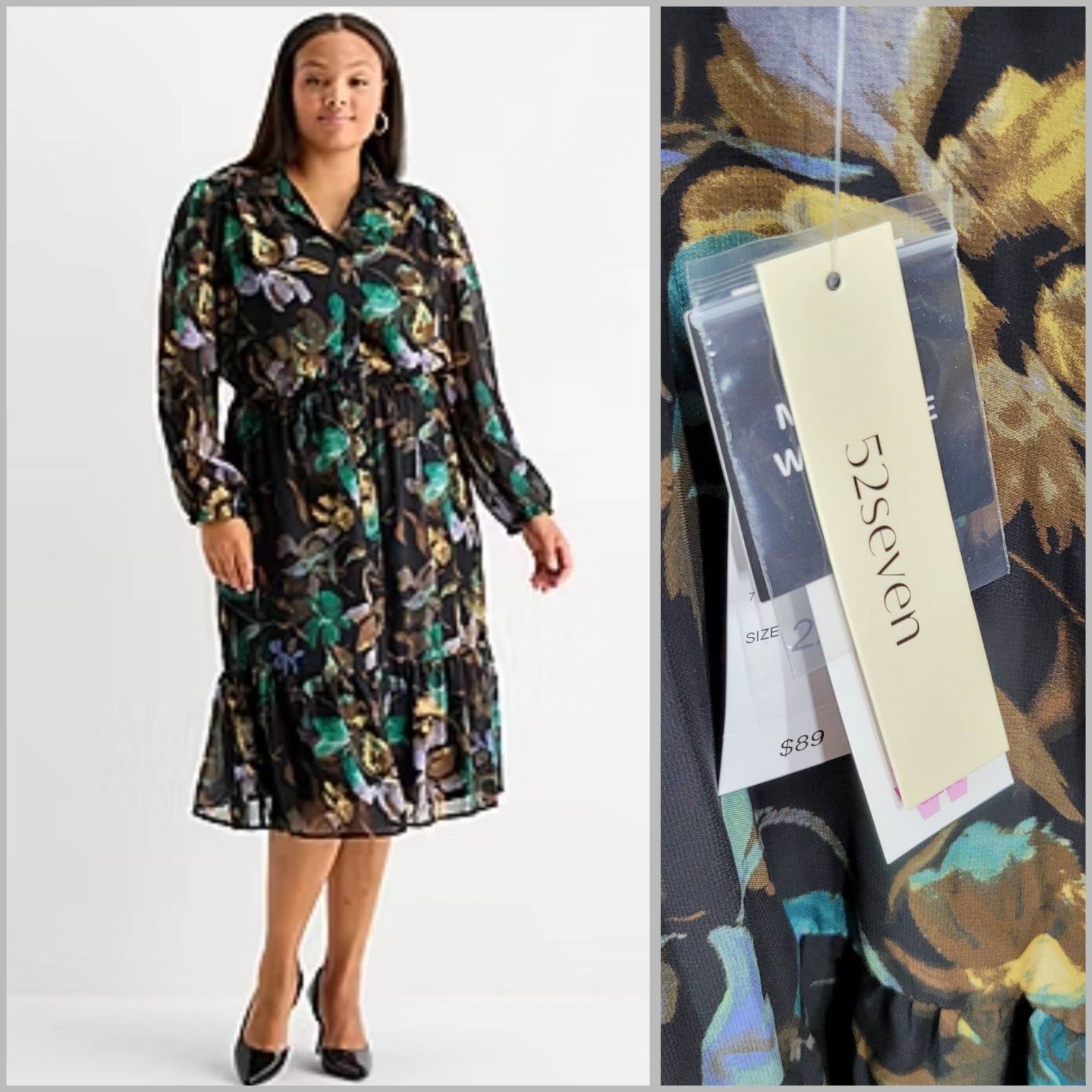 NEW 52seven Shirt Dress Plus 22W Sheer Sleeve Floral Button Up Long Midi Flowy