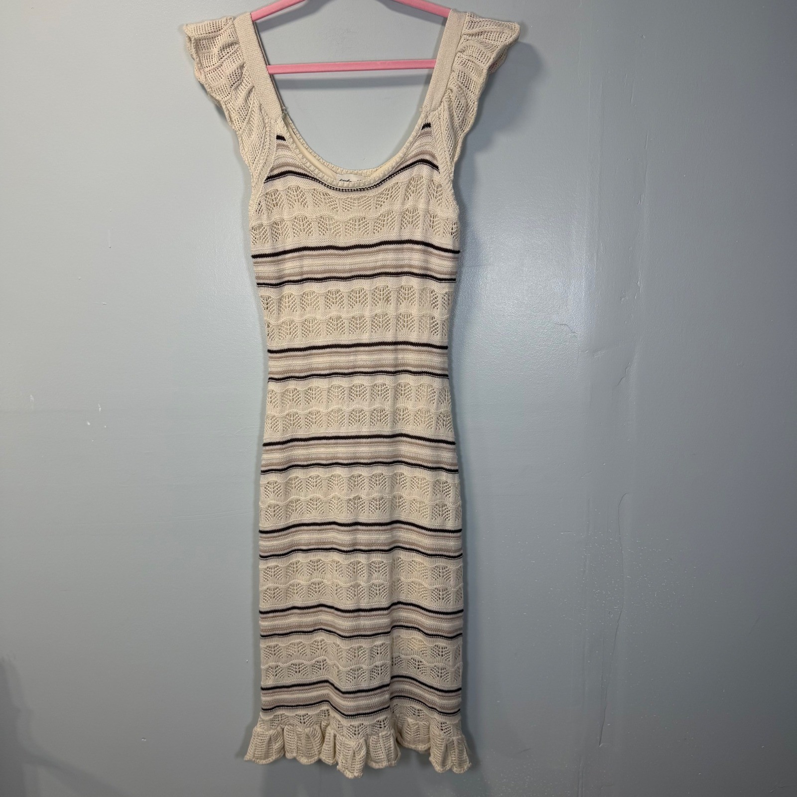 Freshman 1996 Cream Crochet Knit Ruffle Sleeve Striped Midi Dress 5T511813X Boho