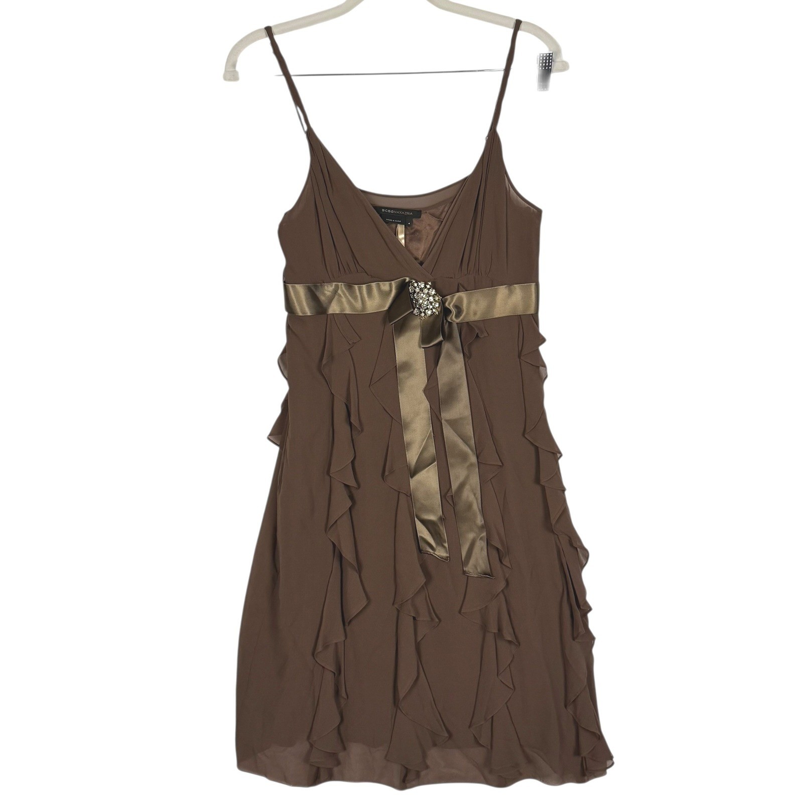 BCBGMAXAZRIA Brown 100% Silk Ruffle Mini Dress Rhinestone Brooch Empire Waist 4