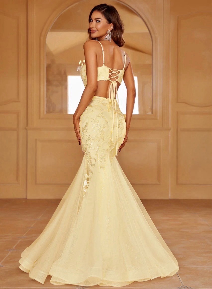 NWOT FAERIESTY M Yellow Spaghetti Strap Lace Up Backless Sequin Mermaid Dress