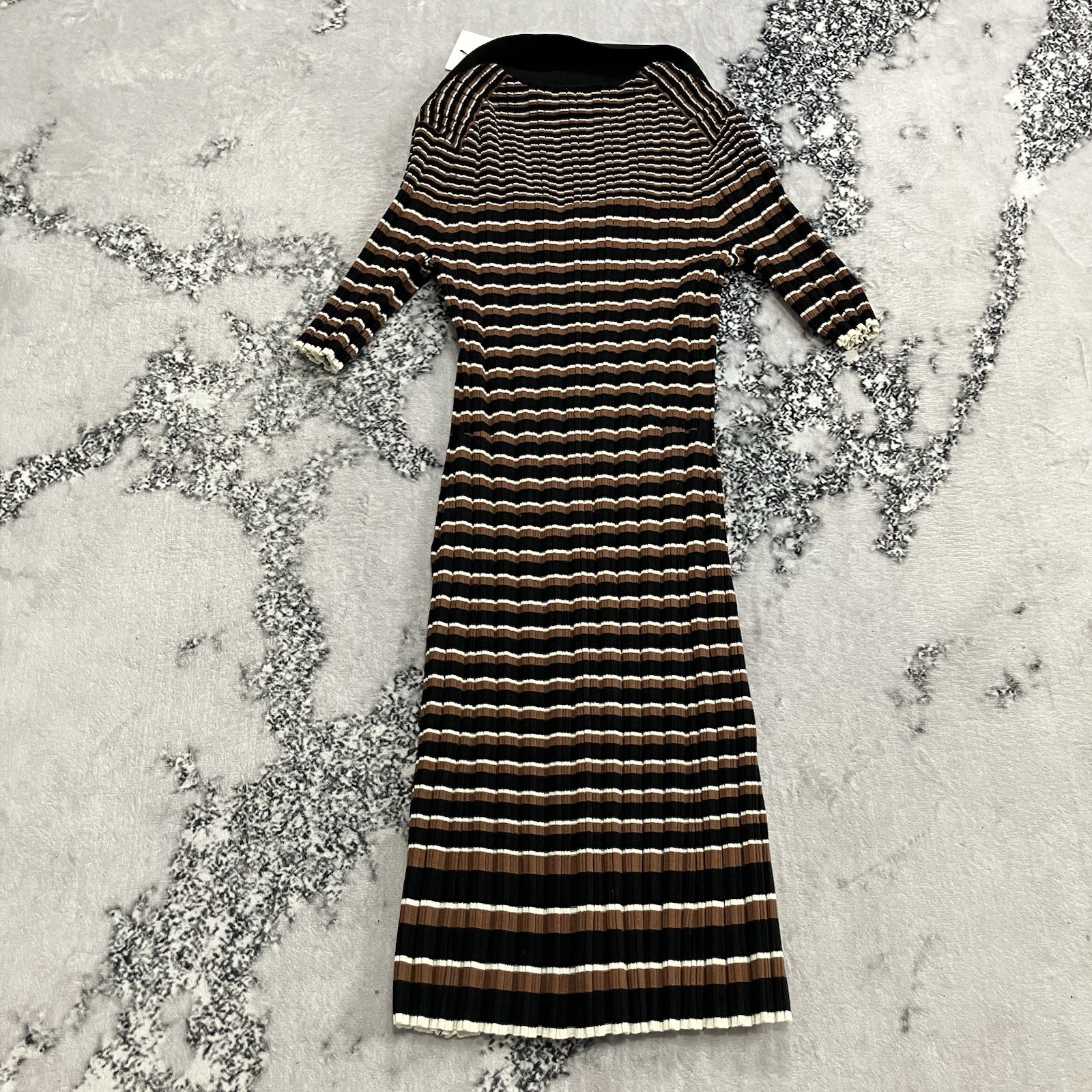 Theory Dress Womens Size M Ribbed Stripe Knit Midi Polo Collar Brown Black NWT