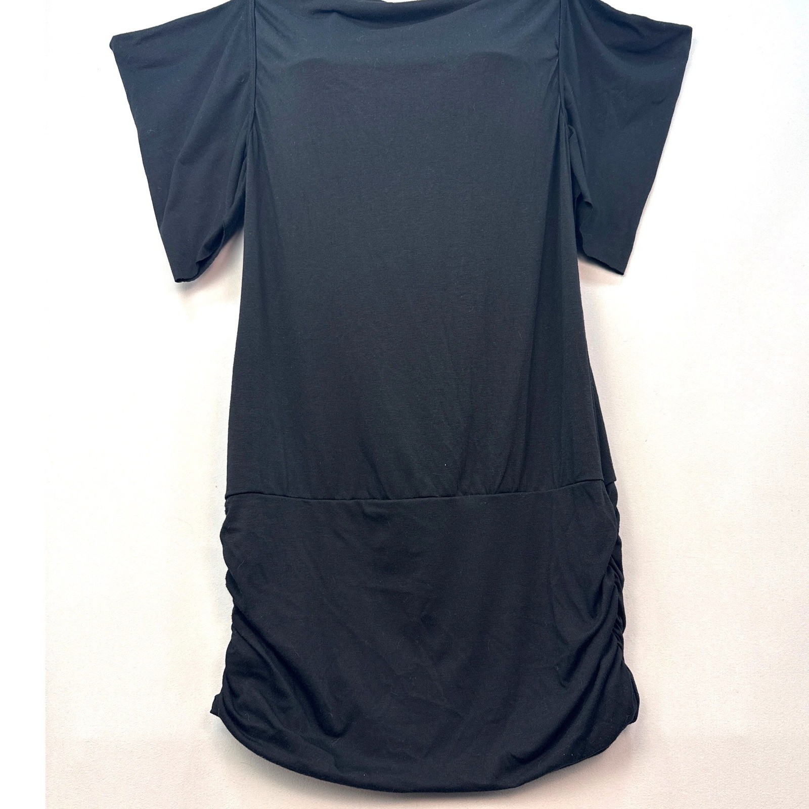 French Atmosphere Black Cold Shoulder Ruched Mini Dress Large 5477 Made in USA