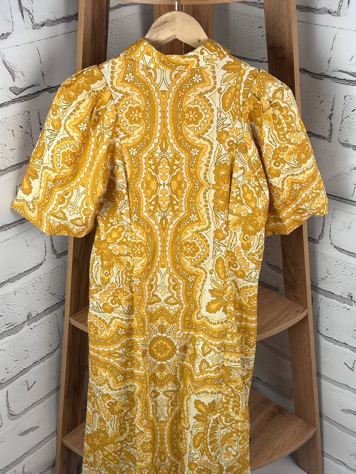Sezane Paris Etia Pattern Short Sleeve Dress Cotton Linen Long Yellow Size 38