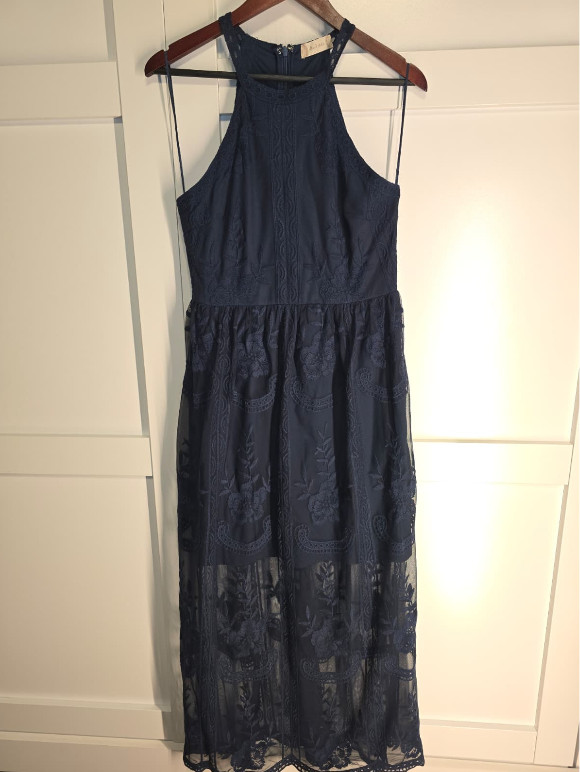 Altar’d State Navy Embroidered Maxi Dress Womens L High Neck Sleeveless Boho