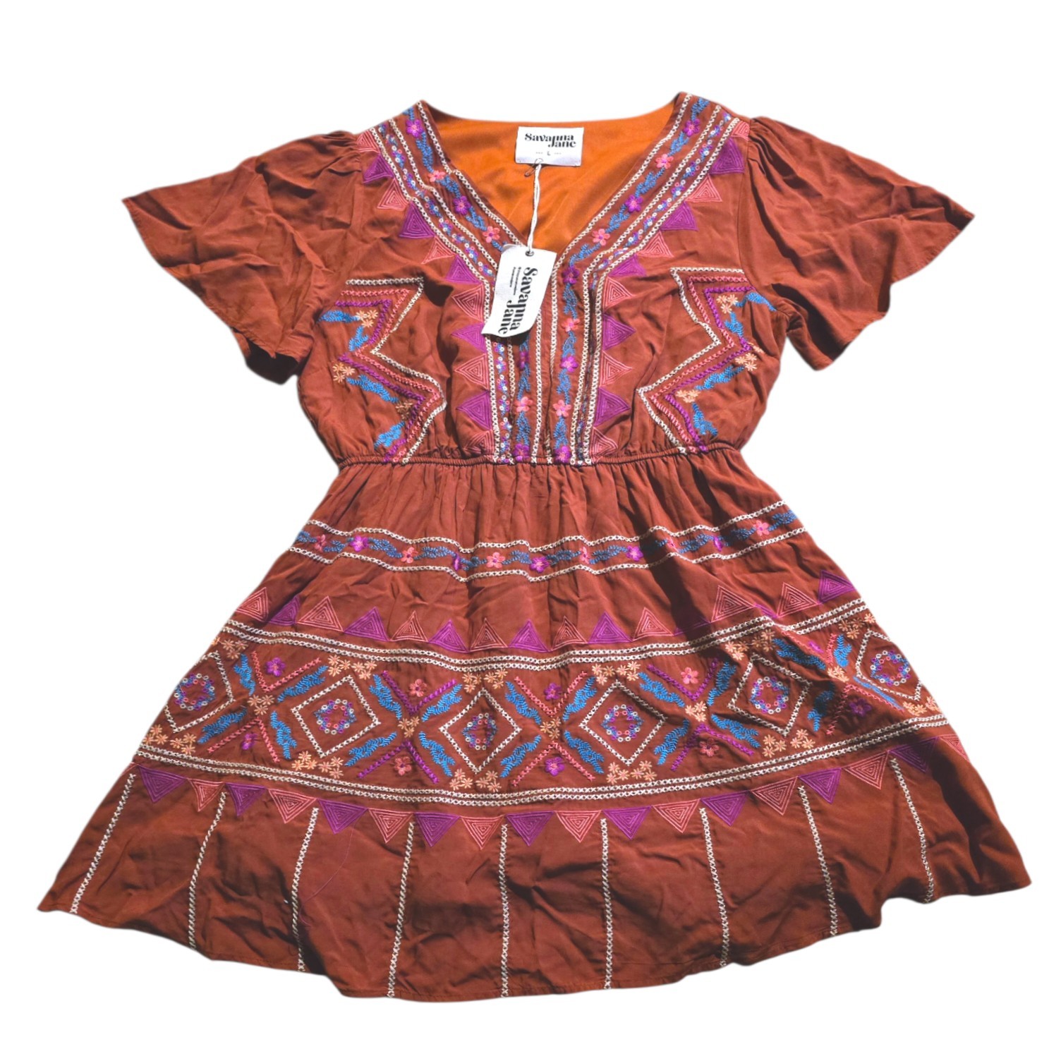 Savanna Jane Womens Rust Aztec Print Embroidered Western Dress Size L