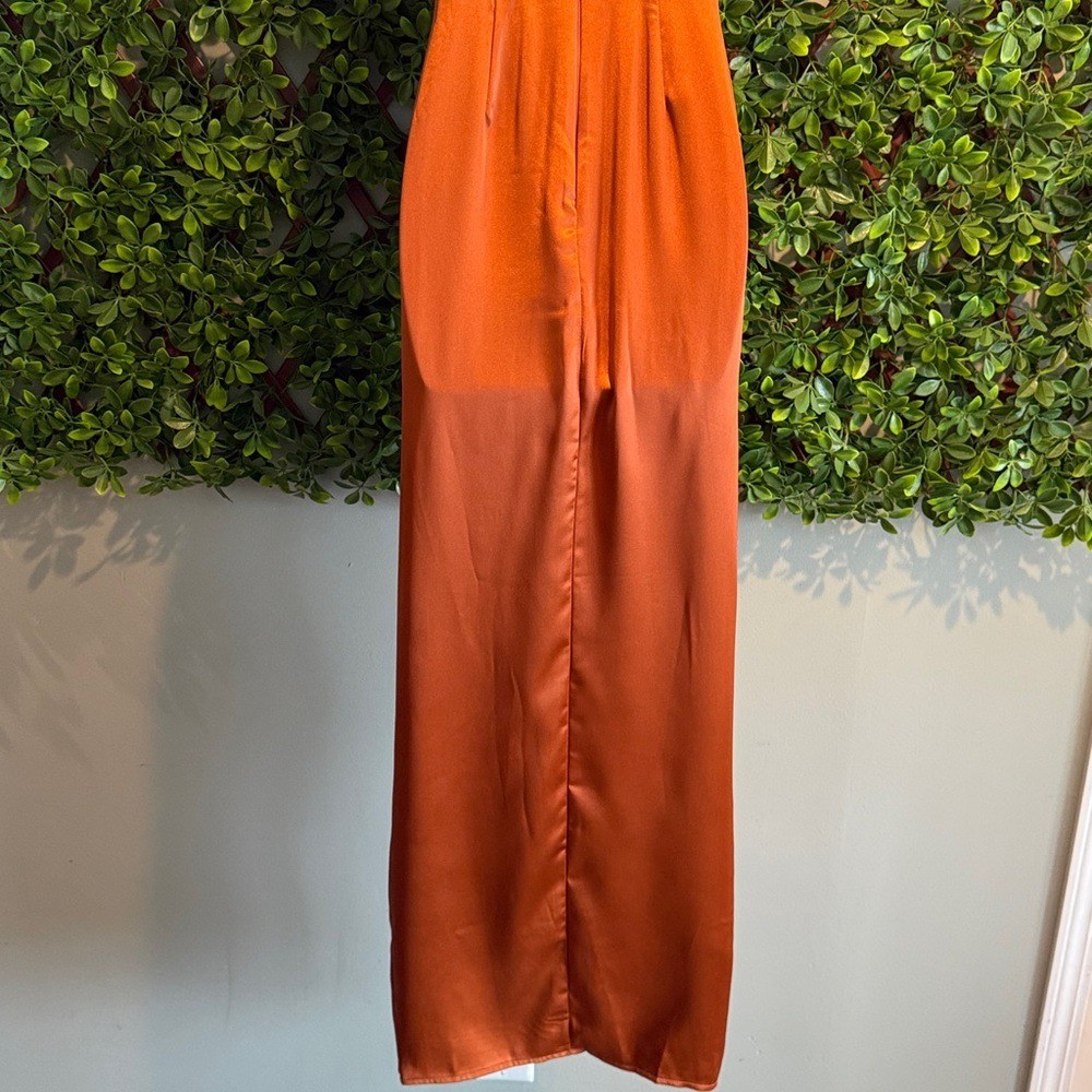 Luxurious Marvel Rust Orange Satin Ruched Column Dress