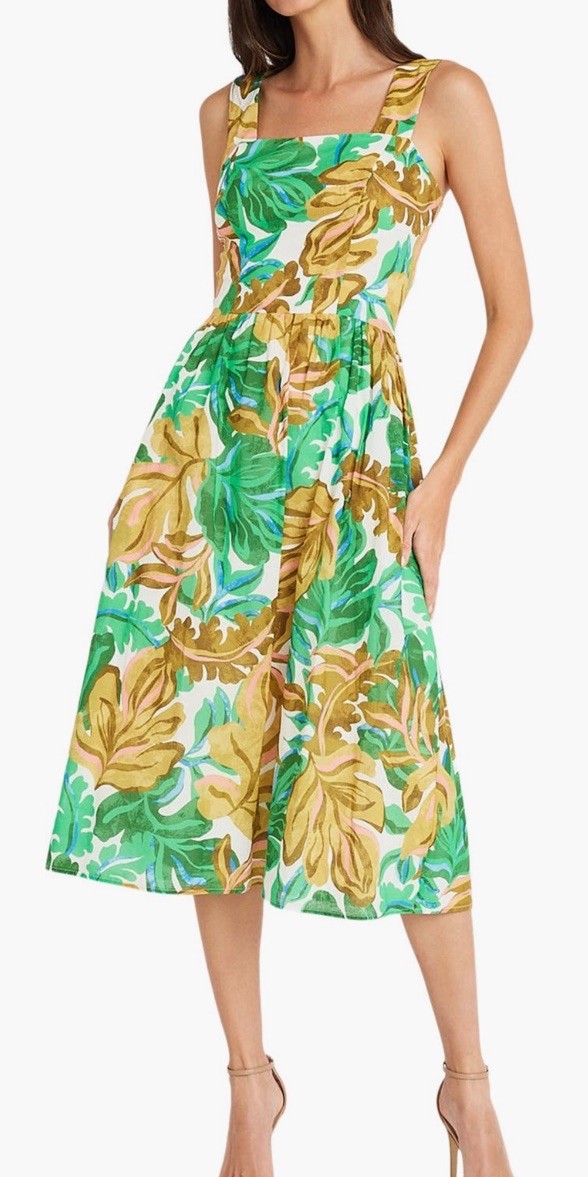 MAGGY LONDON Green and Gold Leaf Print Midi Dress Size 14