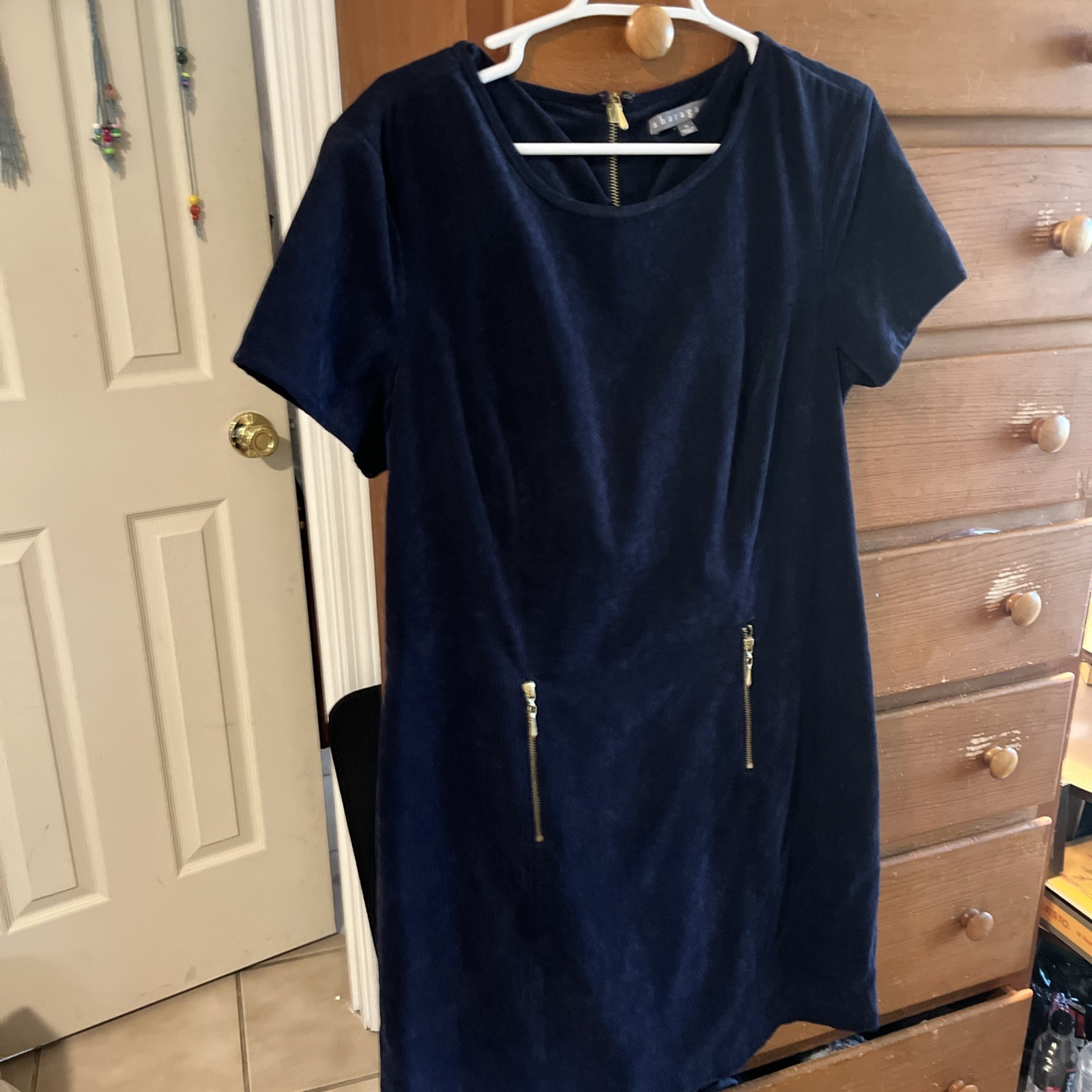 SHERAGANO Thin Wale Corduroy Dress Gold Zippers Navy Blue Size 14 NWOT