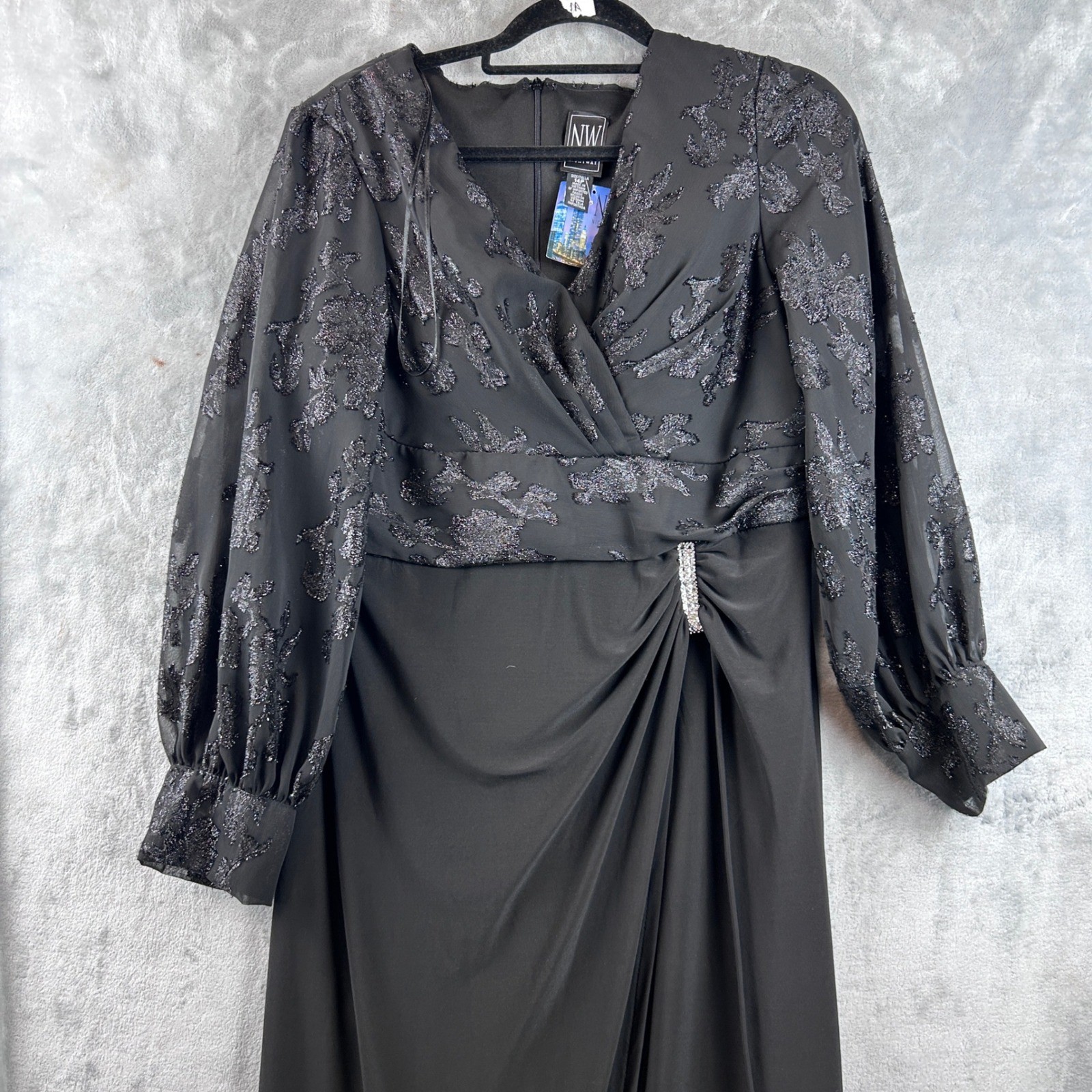 Nightway Dress Black Metallic Floral Bishop Sleeve Gown Rhinestone Buckle 14P