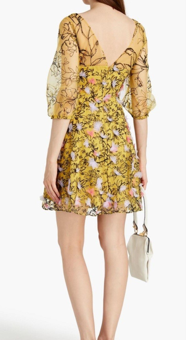 Marchesa Notte Embriodered Tulle Mini Dress Size 6 Yellow Floral Wedding NWT