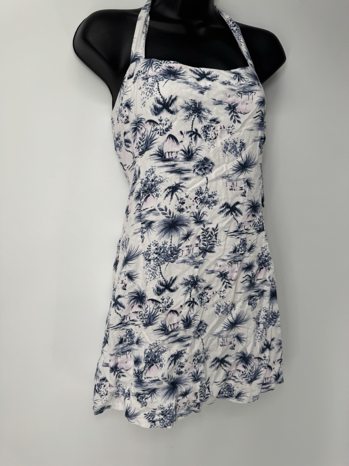 Linen Tropical Palm Tree Halter Dress M Beachy boho resort vacation luau