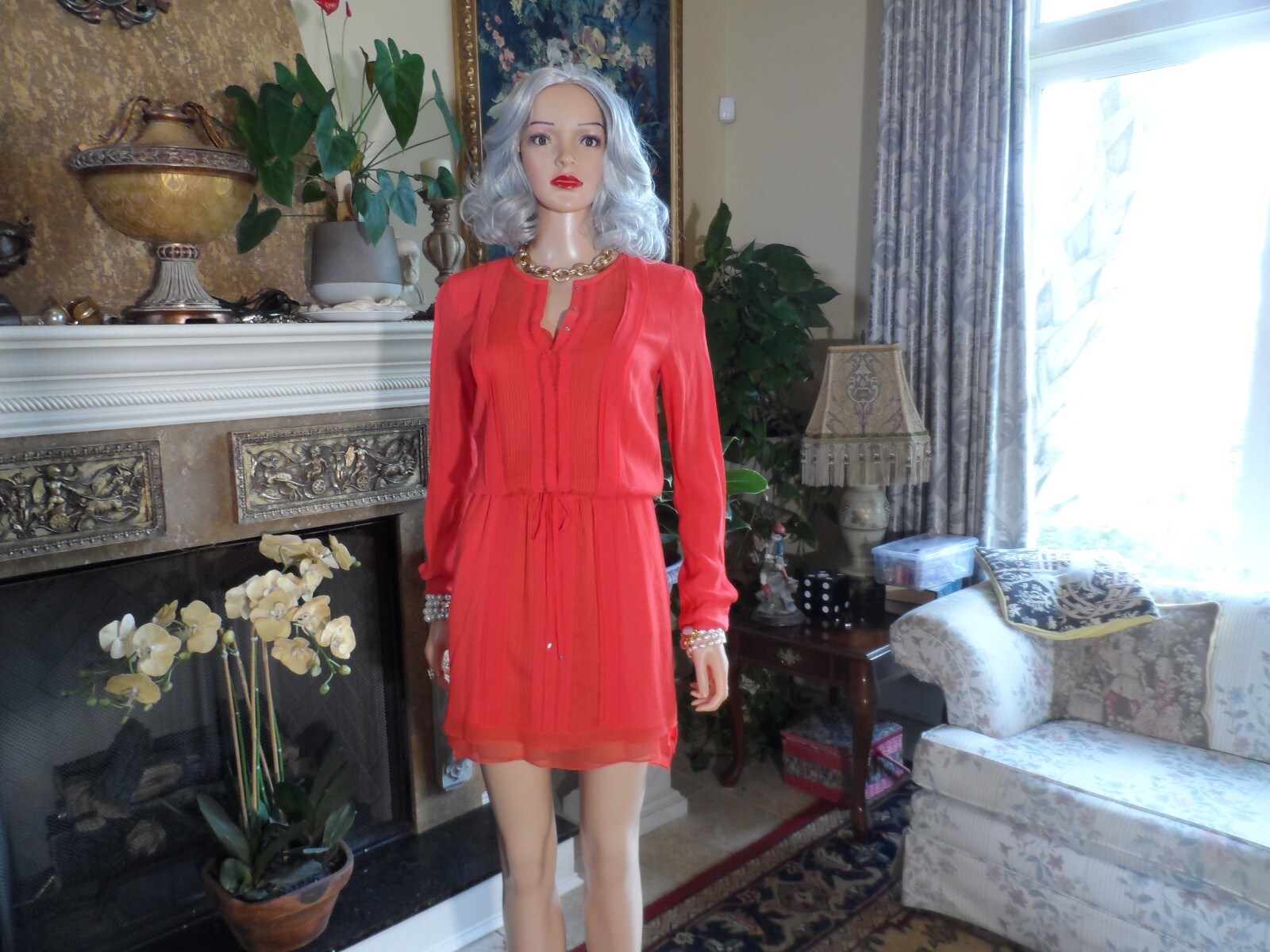 Diane Von Furstenberg Red Silk Blend Chiffon PinktuckTrim-Waist Tie Dress Size 2