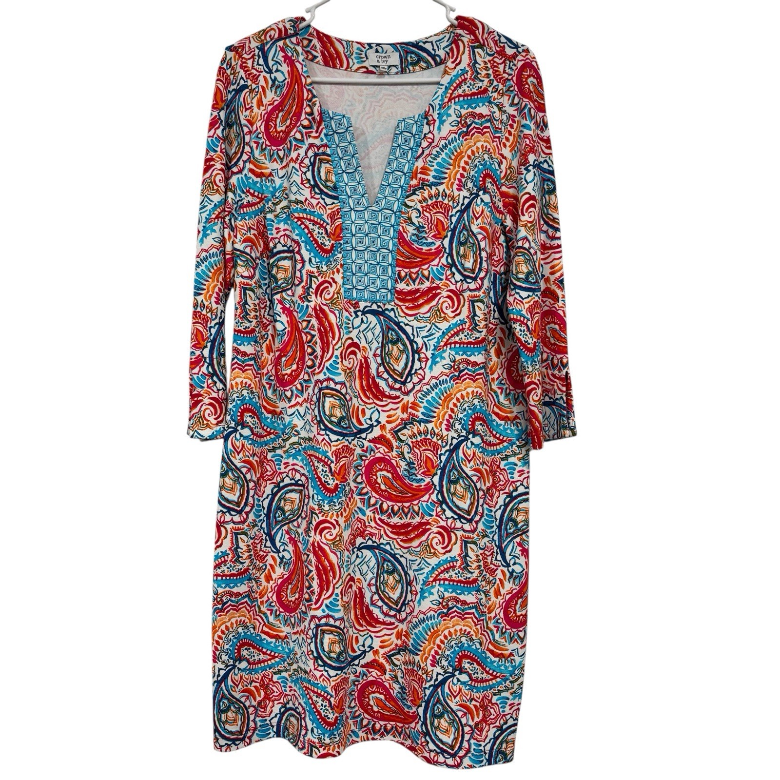 Crown & Ivy Colorful Paisley Pullover Dress Womens Size Medium 3/4 Sleeve