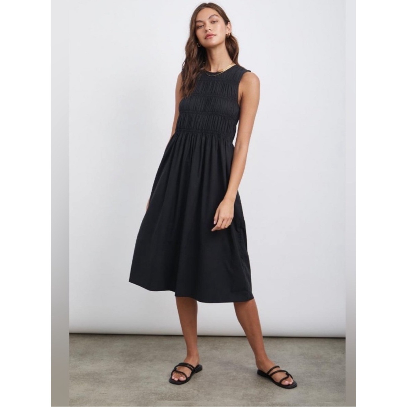 Rails Tilda Smocked Ruched Midi Dress Black Small Cotton Tencel A Line Pleated