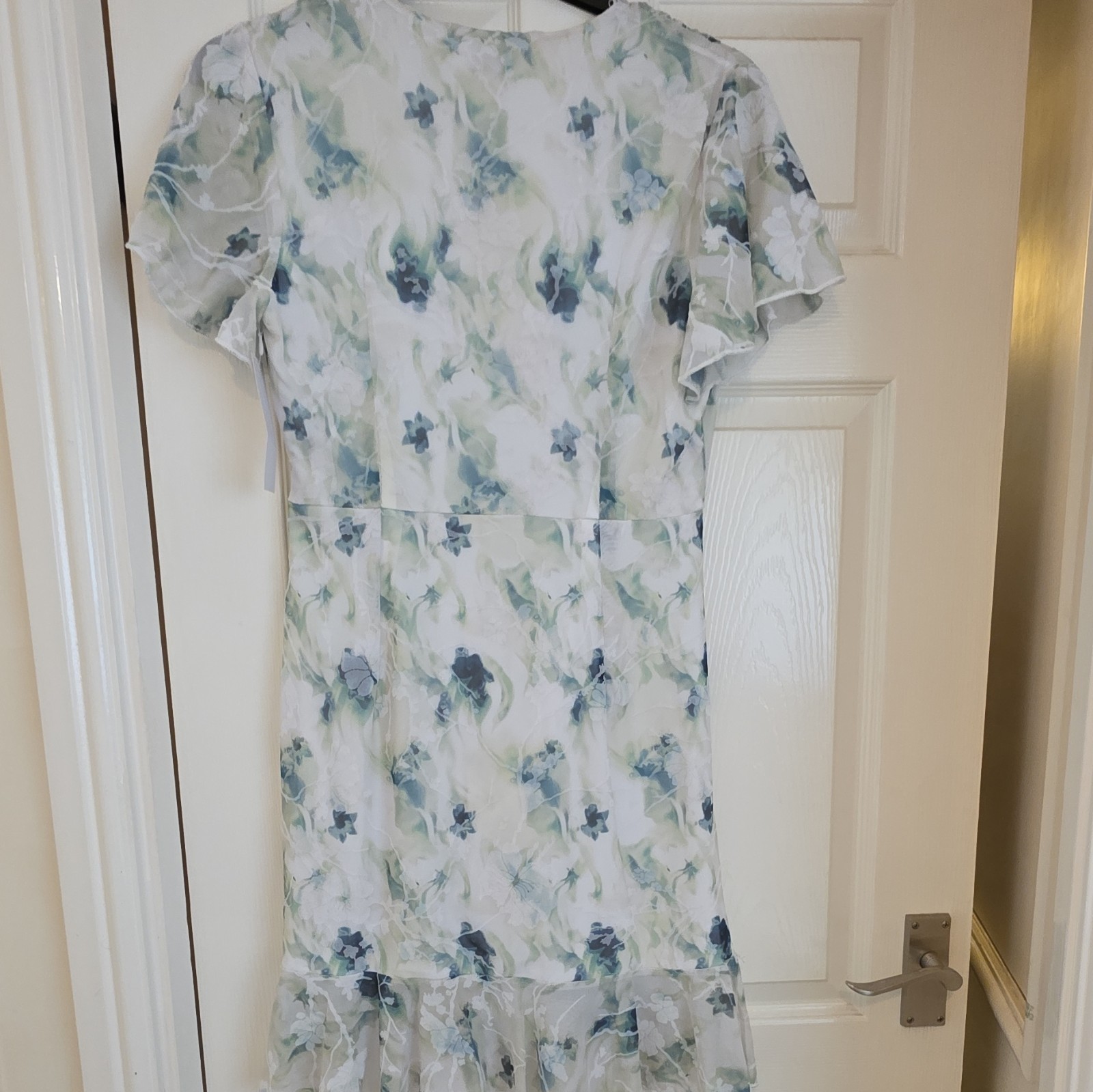 Angeleye White Blue Green Floral V-Neck Ruched Lined Mesh Midi Dress 12