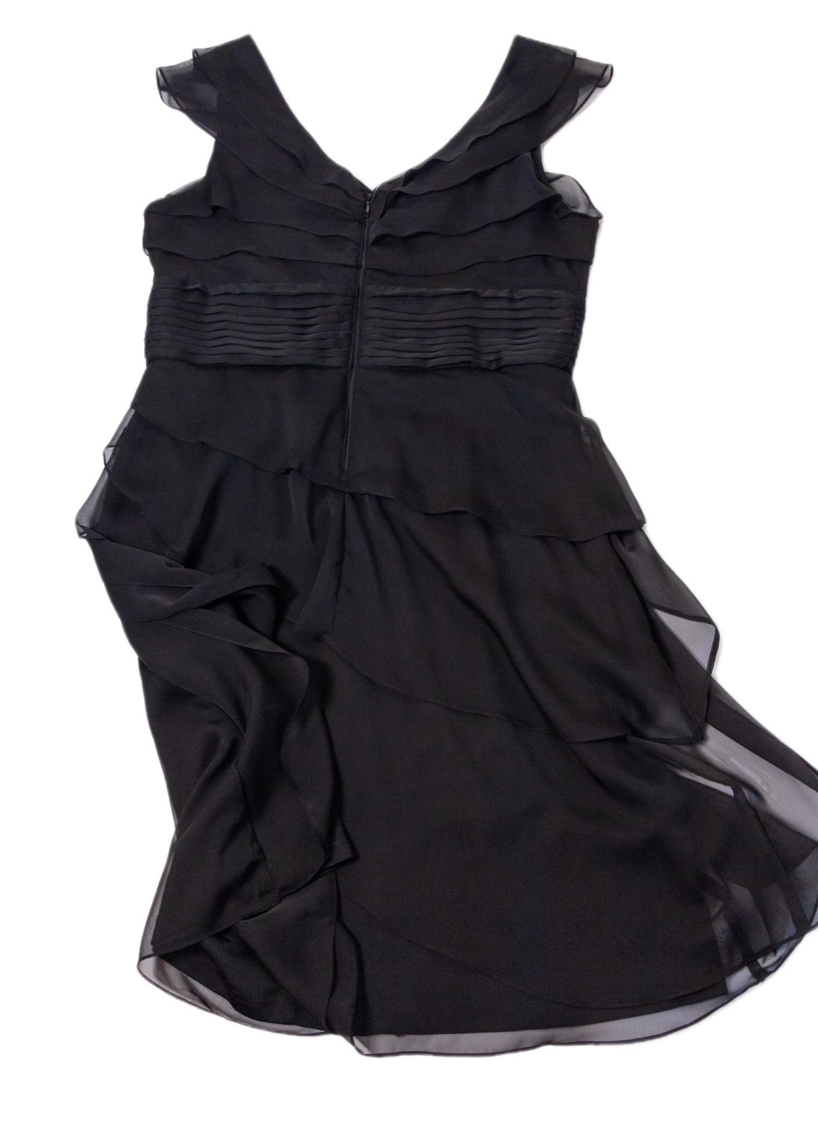 Adrianna Papell Black Chiffon Cocktail Dress Pleated Ruffle Knee Length US 16