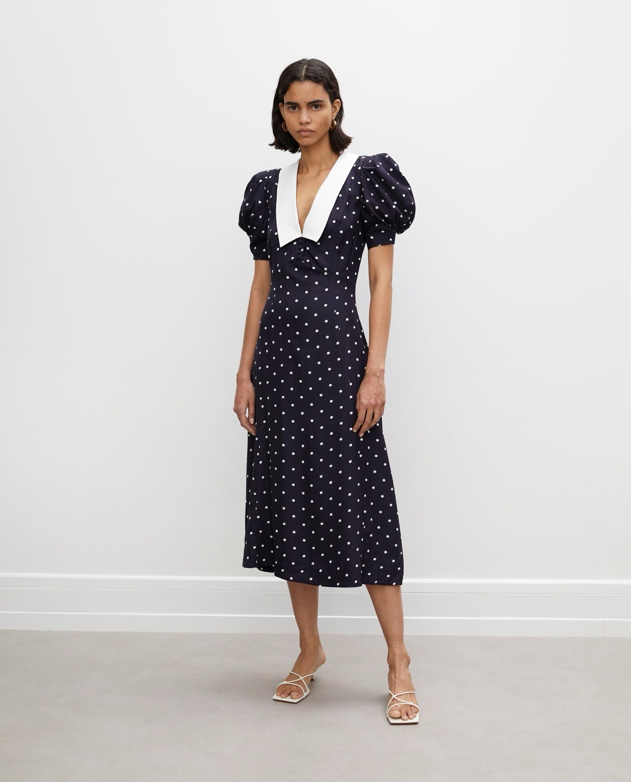 RÓHE Merel Dress Size EU 42 Size US 10/12 L Navy Blue Polka Dot Midi NWOT