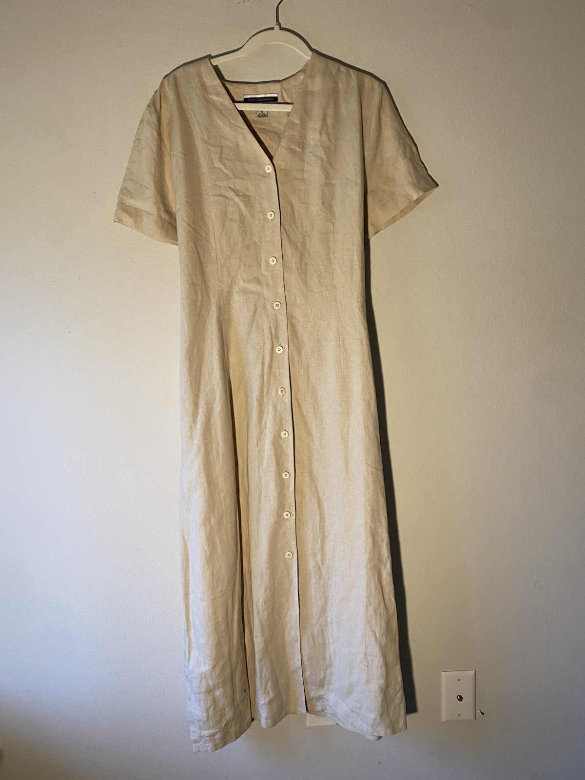 Amanda Smith Pure Linen Dress Tan Button Front Maxi Size 16
