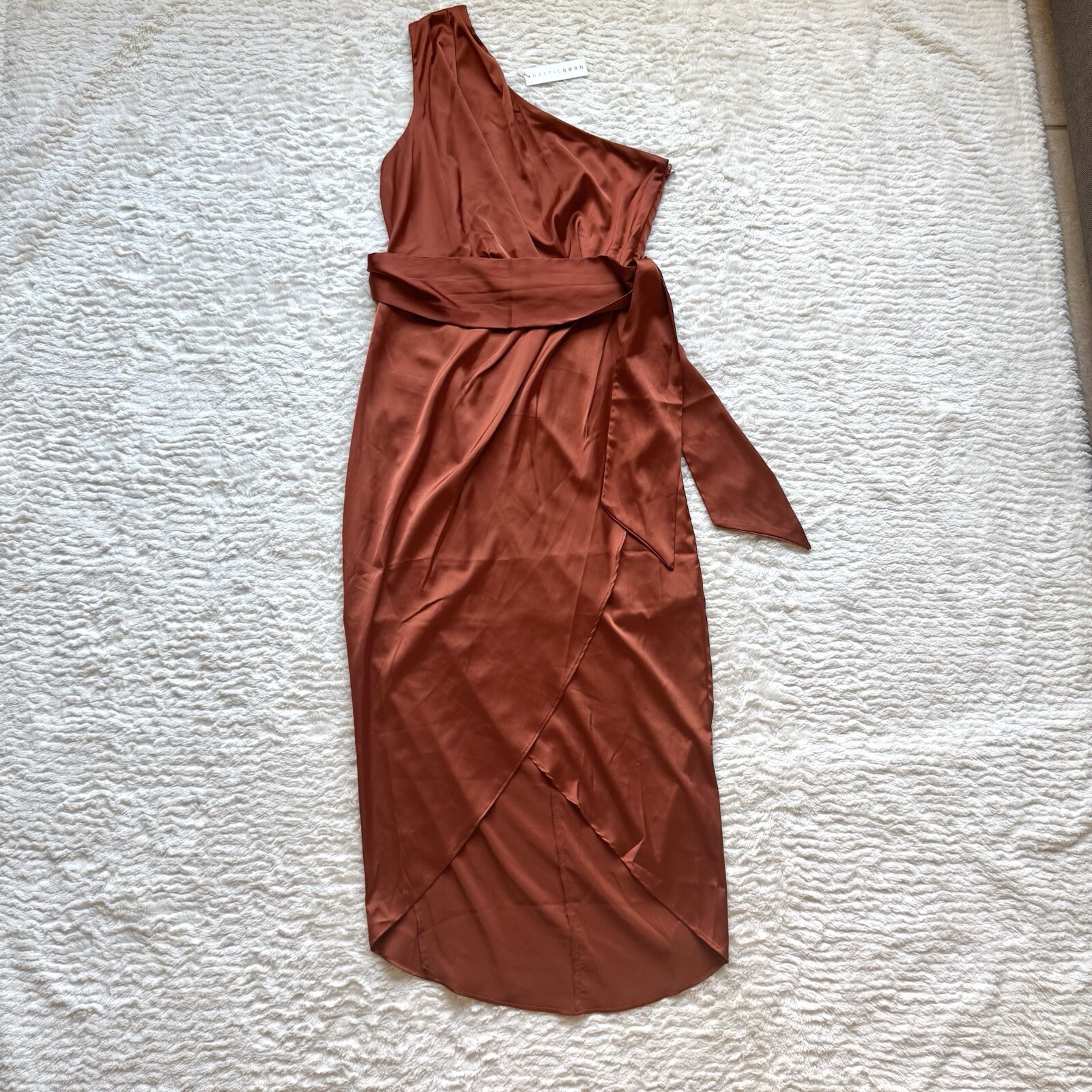 Baltic Born Celia Satin One Shoulder Midi Dress S Rust Pleated Belted NWT Silky