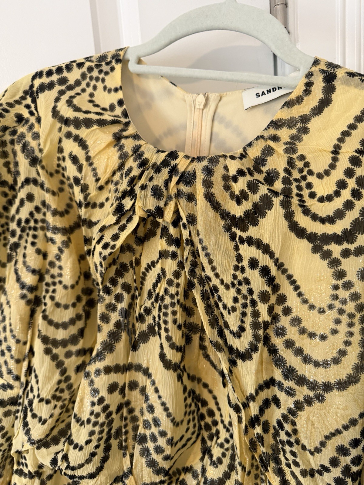 Sandro Yellow Black Abstract Ruffle Mini Dress 3/4 Balloon Sleeve Size 40