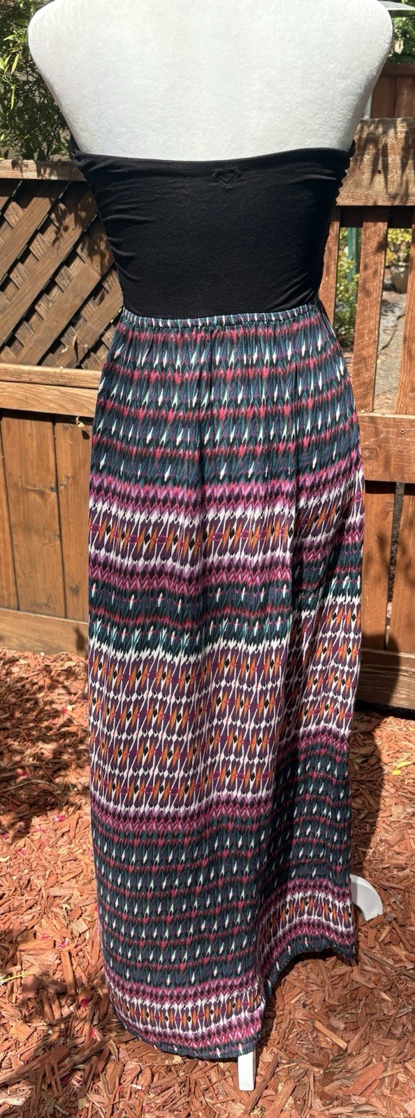 Roxy Strapless Maxi Dress Small Black Tribal Boho Beach Festival Sundress
