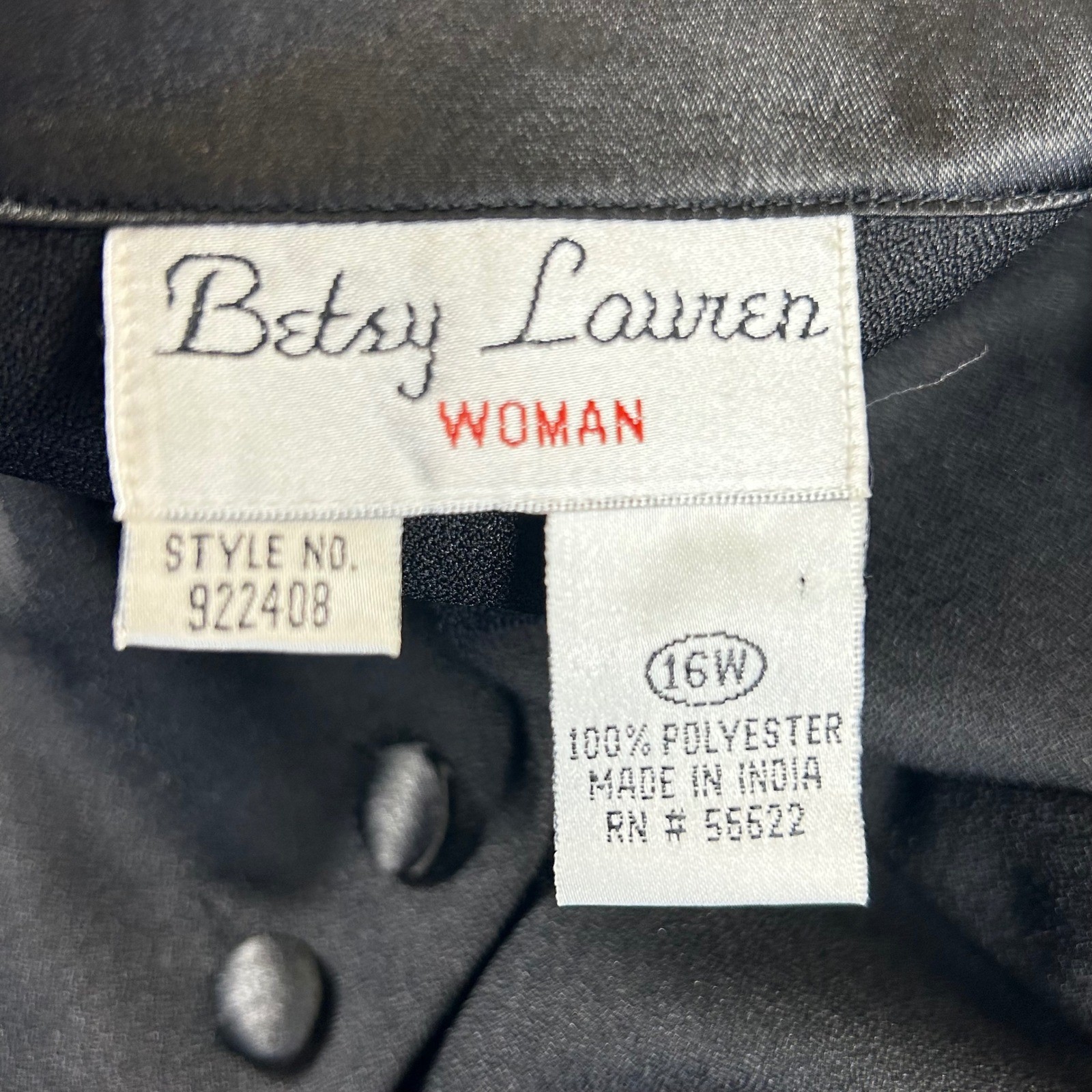 Betsy Lauren Woman Black Button Front Dress Satin Collar Short Sleeve 16W 922408