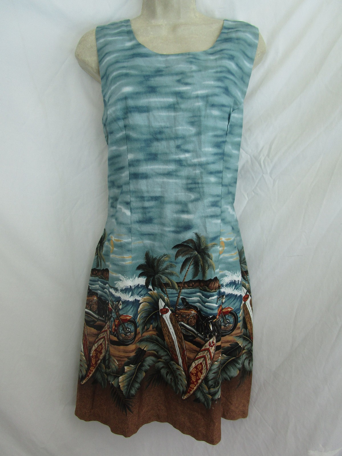 Vtg Ky’s Hawaiian Motorbikes Tiki Surf Boards Aloha Print Beach Shift Dress XL