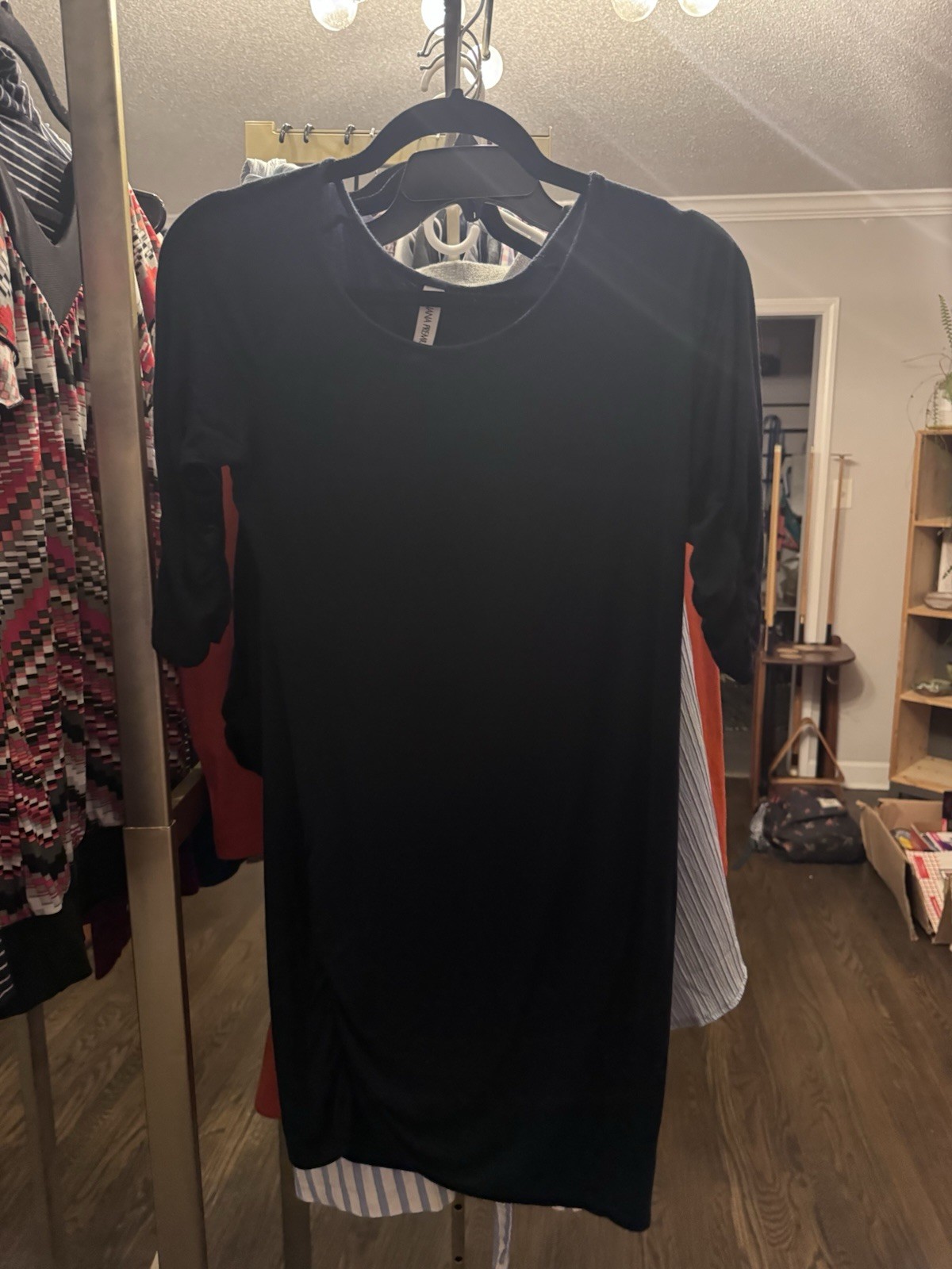 Zenana Premium T-Shirt Dress Women M Black Ruched Jersey Crew 3/4 Knee Stretch