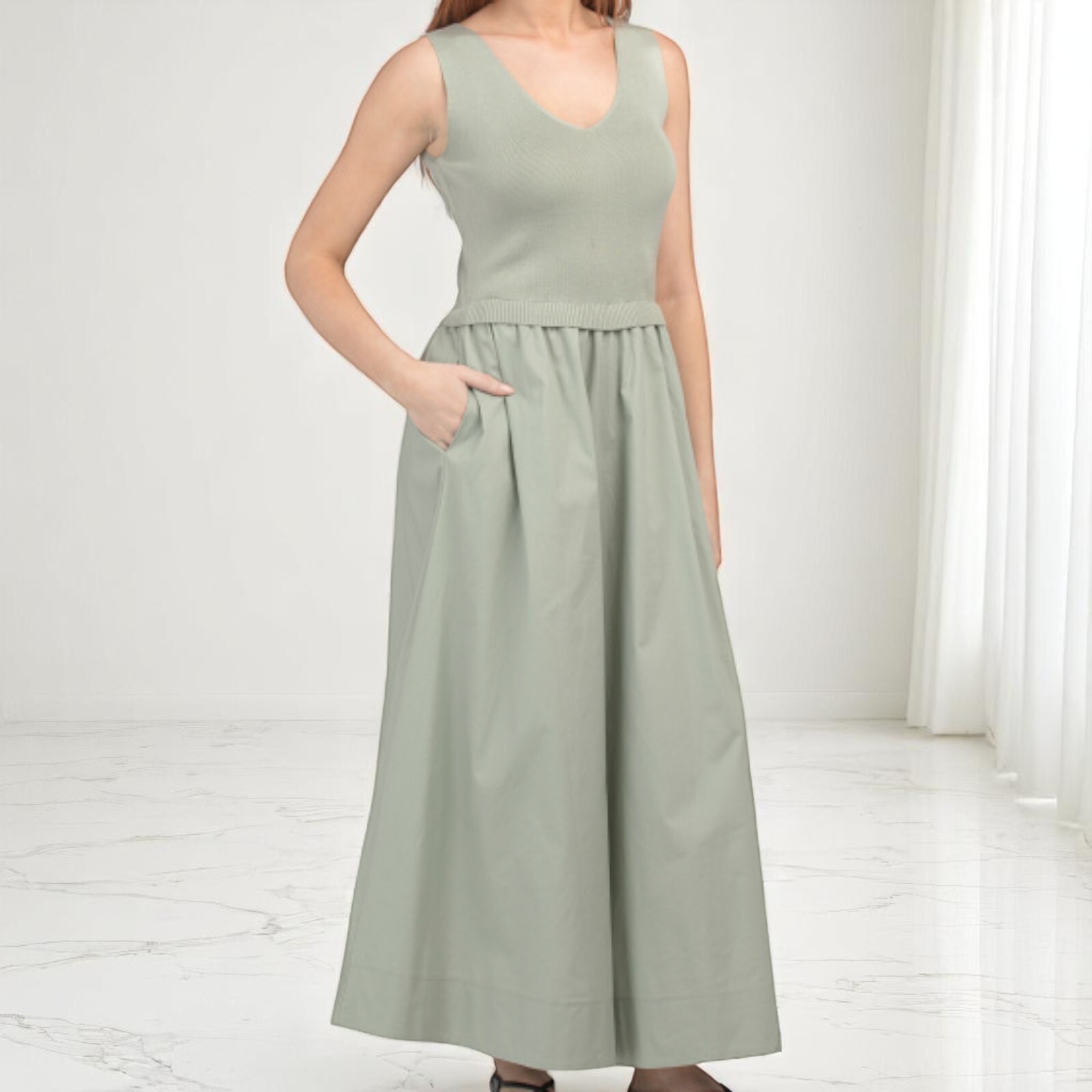 NWT Taylor Mix Media Ribbed Bodice Crew Neck Satin Skirt Side Pocket Maxi Dress
