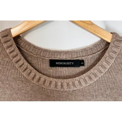 Classic Parisian MEROKEETY Ribbed Knit Sweater Dress Old Money Luxury Beige SM
