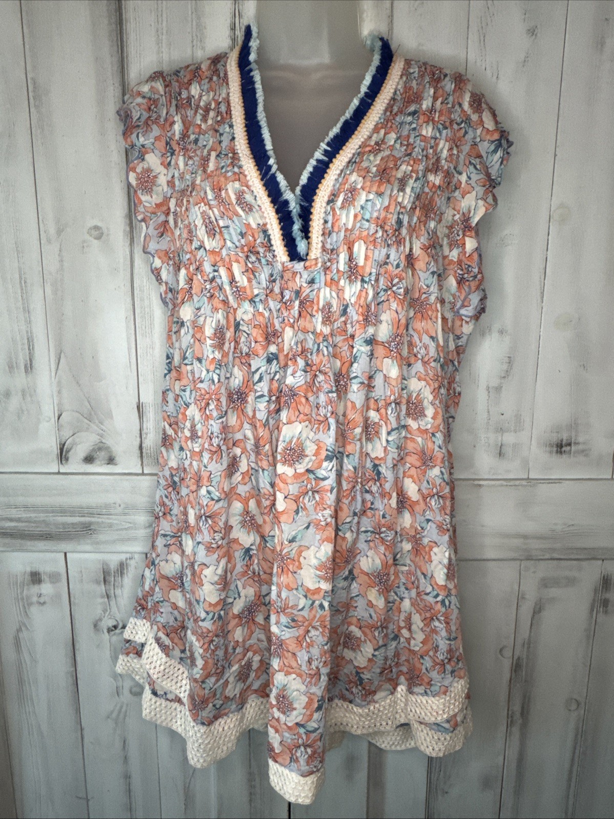 POUPETTE ST BARTH PEACH BLUE FLORAL SASHA PLEATED FLUTTER SLEEVE MINI DRESS S
