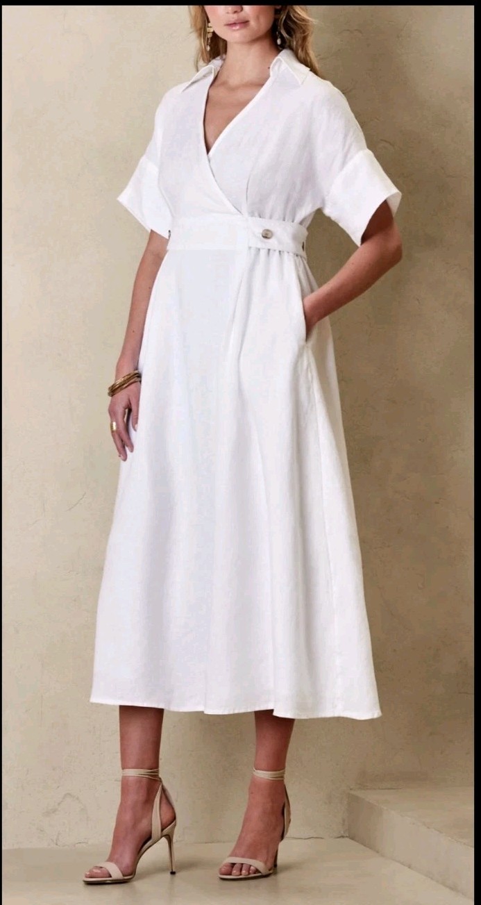 NWT!!! Banana Republic RT$190 White Sedona Linen Fit and Flare Wrap Midi Dress M