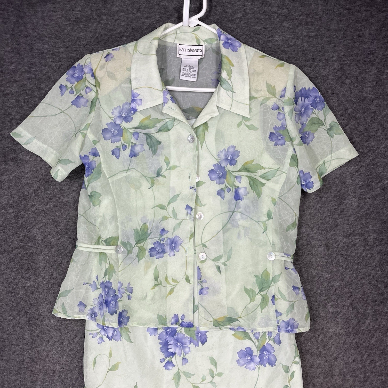 Vintage Karin Stevens Midi Dress & Jacket Set Size 8 Green Floral Sheer Lined