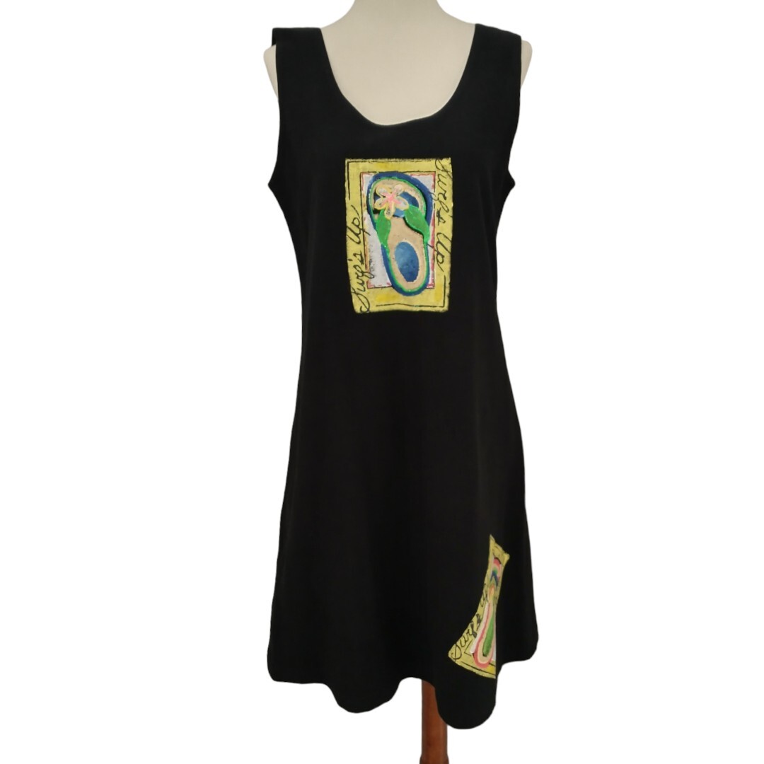 Vintage Graphic Knit Tank Dress S Black Artsy Boho Lagenlook Midi Easy Apparel