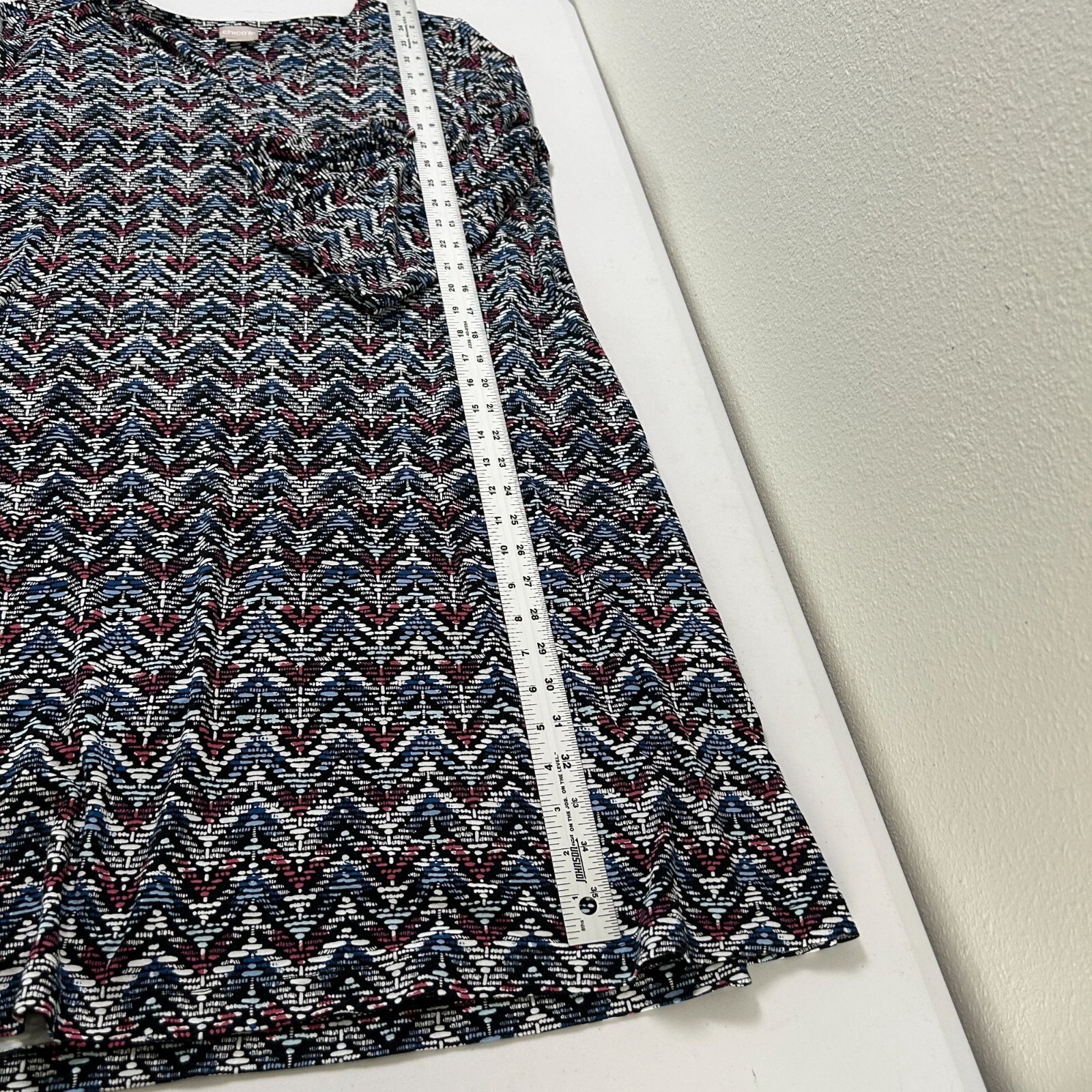 Chicos Midi Dress Womens 2 US 12 14 Black Blue Chevron Bell 3/4 Split Sleeve